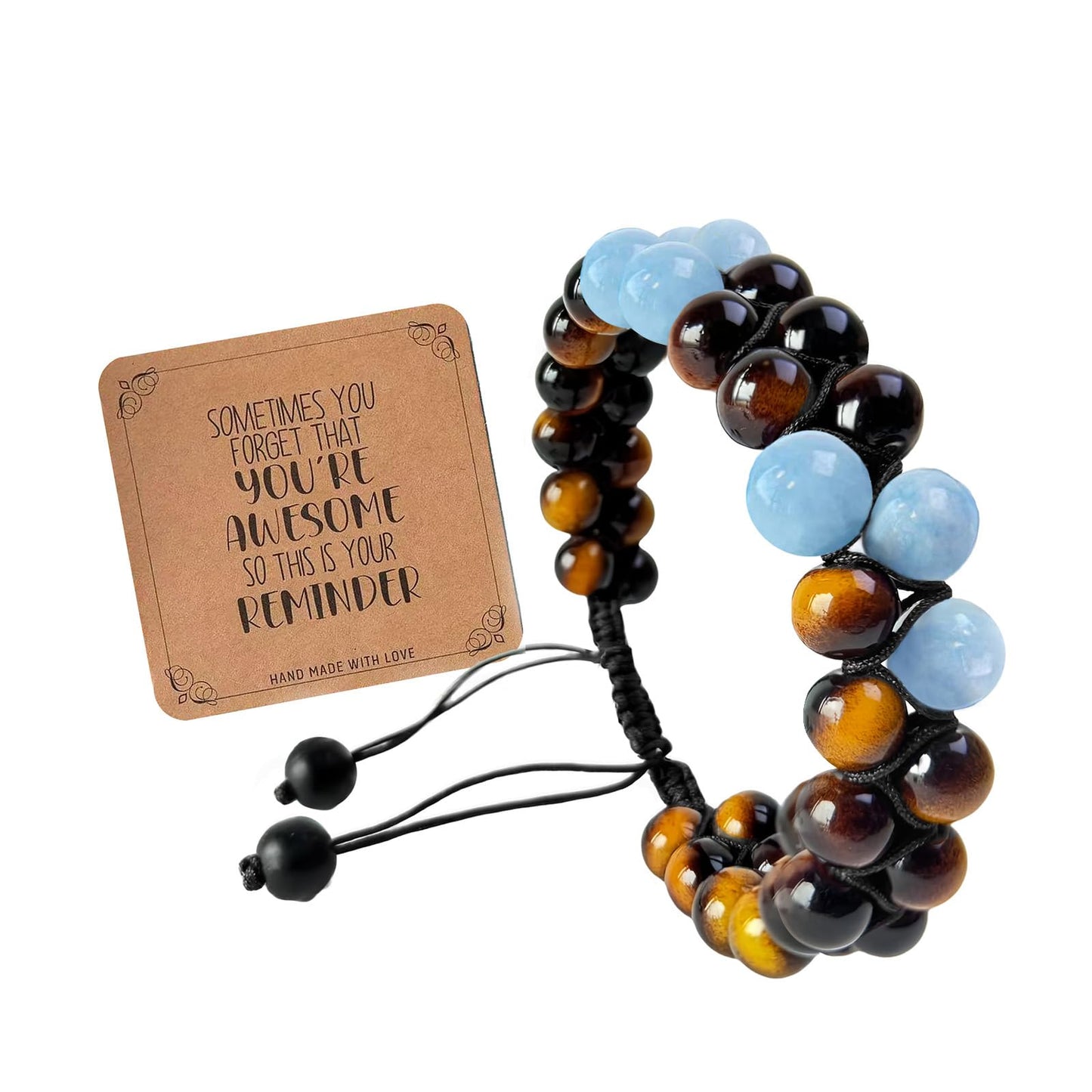 GLITZ AURA Handmade Triple Protection Bracelet - Easter Basket Stuffers for Teens, 8mm Natural Tiger's Eye & Aquamarine Bead Bracelet, Father Day Jewelry for Men, Adjustable Healing Crystal Gifts (Aquamarine)