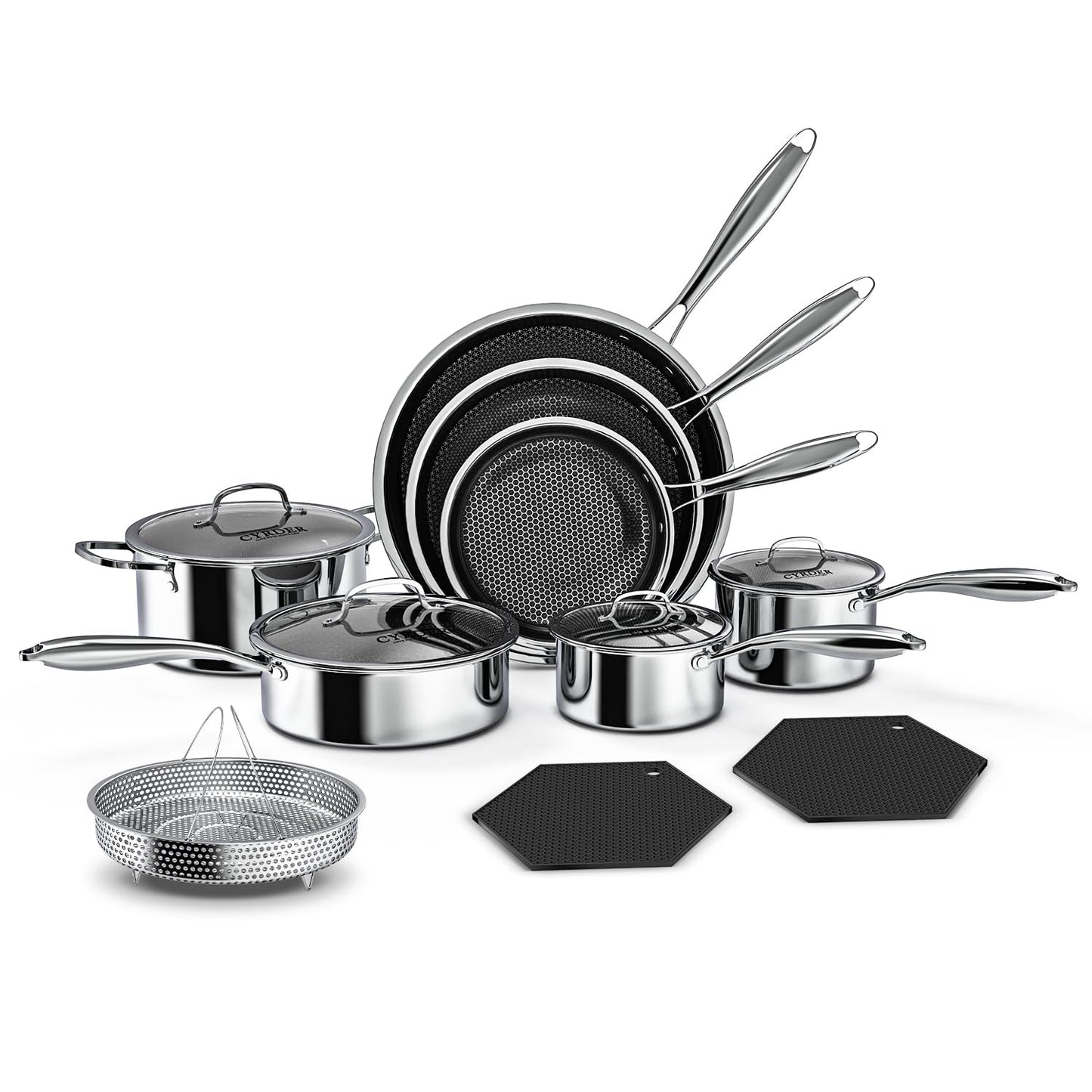 Nonstick Pots and Pans Set, 14 Piece Hybrid Hex Non Stick Stainless Steel Cookware with Frying Pans, Saute Pan, Saucepans & Stock Pot - Induction Compatible, Dishwasher &Oven Safe, PFOA Free