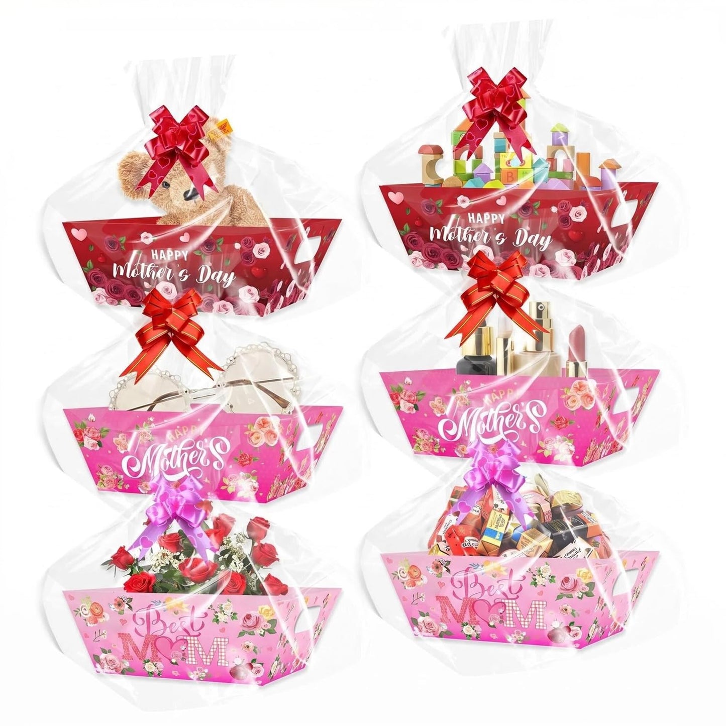 CMSSHUAI 12 Pcs Mothers Day Gift Baskets Empty to Fill Kit DIY Basket for Gifts Empty Bulk 12 Tray Favor 12 Clear Basket Bags 12 Bows for Mom Birthday Party