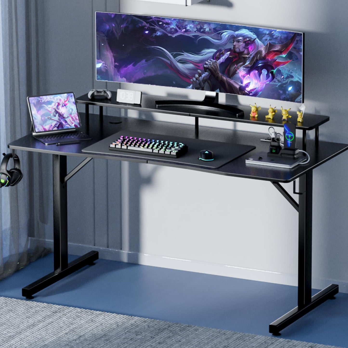 GTPLAYER 55 Inch Gaming Desk with LED Lights & Power Outlet, Computer Gamer Desk with Monitor Stand, Ergonomic Carbon Fiber Gaming Table Home Office Desk with Headphone Hook & Mouse Pad