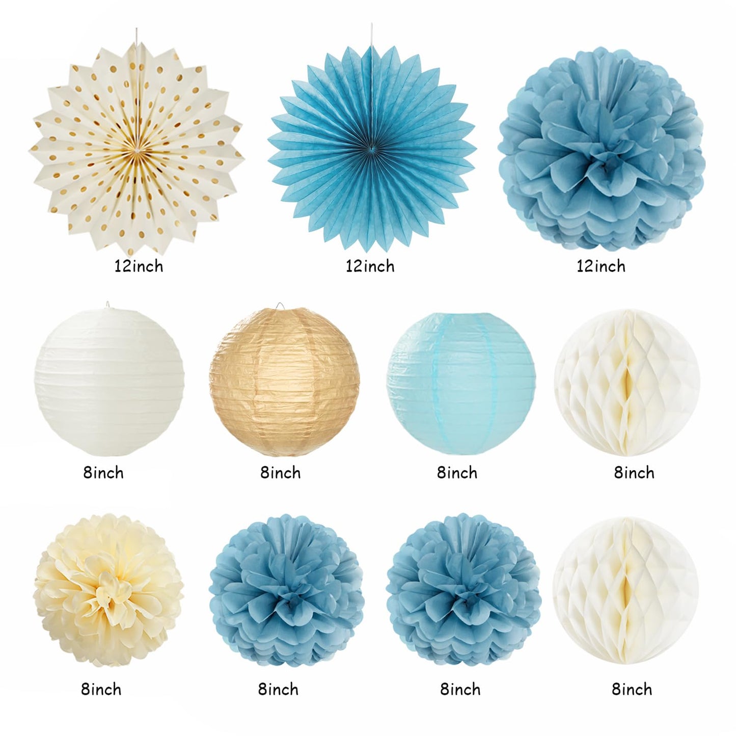 Light-Dusty Blue Beige-Champagne Women Birthday-Decorations - 21pcs Boho Neutral Happy Banner Garland,Paper Streamers Lanterns,Flower Tissue Pom Poms Fan Supplies,Wall Backdrop Party Decor Huglony