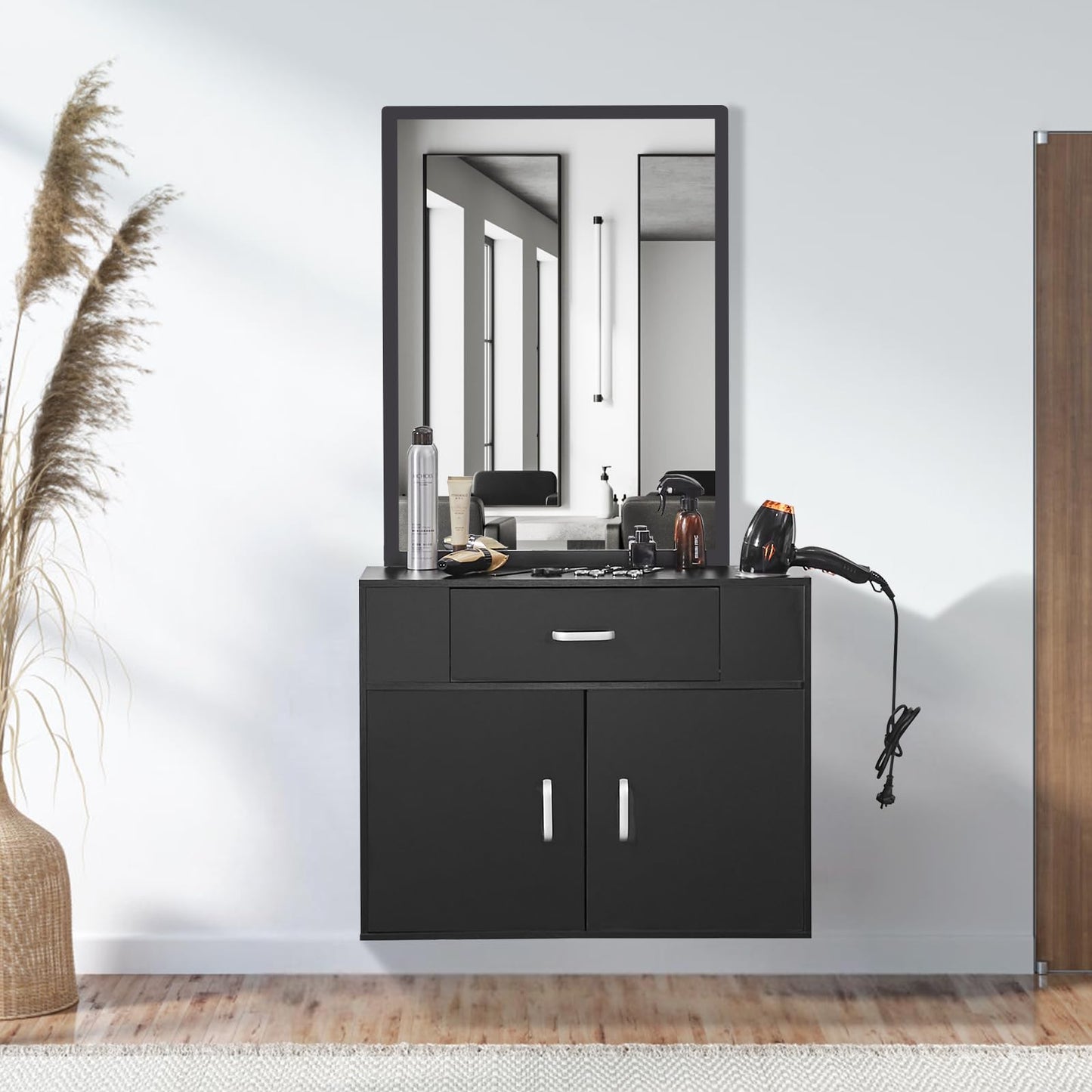 VEVOR Salon Storage Cabinet, Wall Mounted Barber Salon Station for Hair Stylist, Hair Stylist Station Set, with 3 Sleeves, A Mirror, Double-Door Cabinet, and A Drawer, Black
