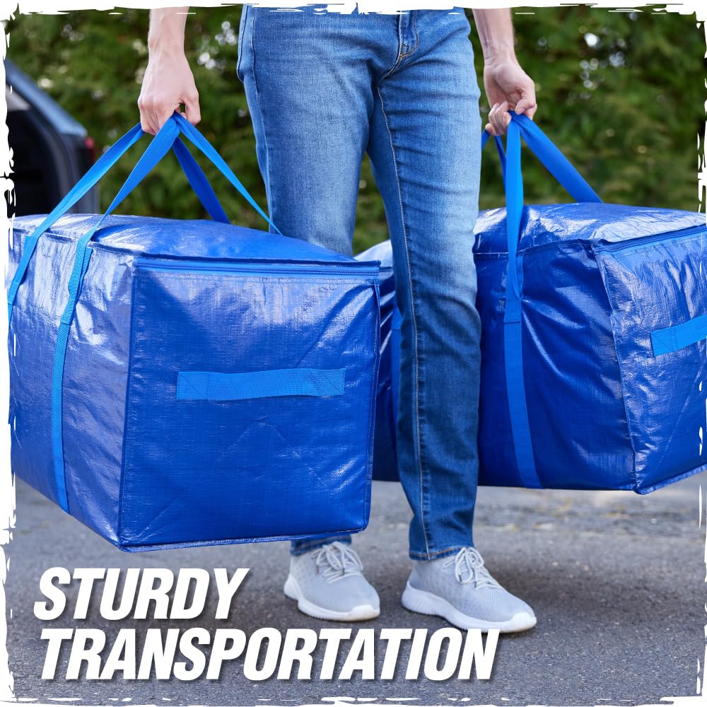 RUGGED RHINO Heavy Duty Extra Large Blue Moving Bags, Durable Bag with Strong Handles and Zipper, Moving Boxes Alternative for College Packing, Holiday Décor, Space Saving Storage with Label, 2 Pack