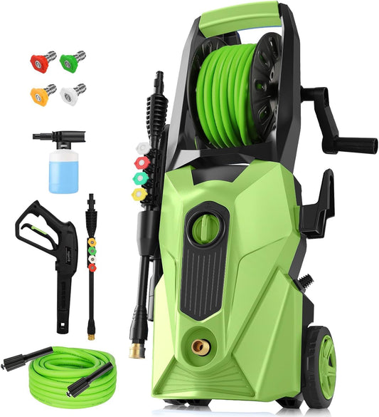 Imdot Pressure Washer 5000 PSI,2.8 GPM Power Washer with Foam Cannon,Portable Cleaner with 33ft Hose Reel,4 Nozzle Tips,and Soap Bottle for Cars/Home/Driveways/Patios/Decks/Fences(Dark Green)
