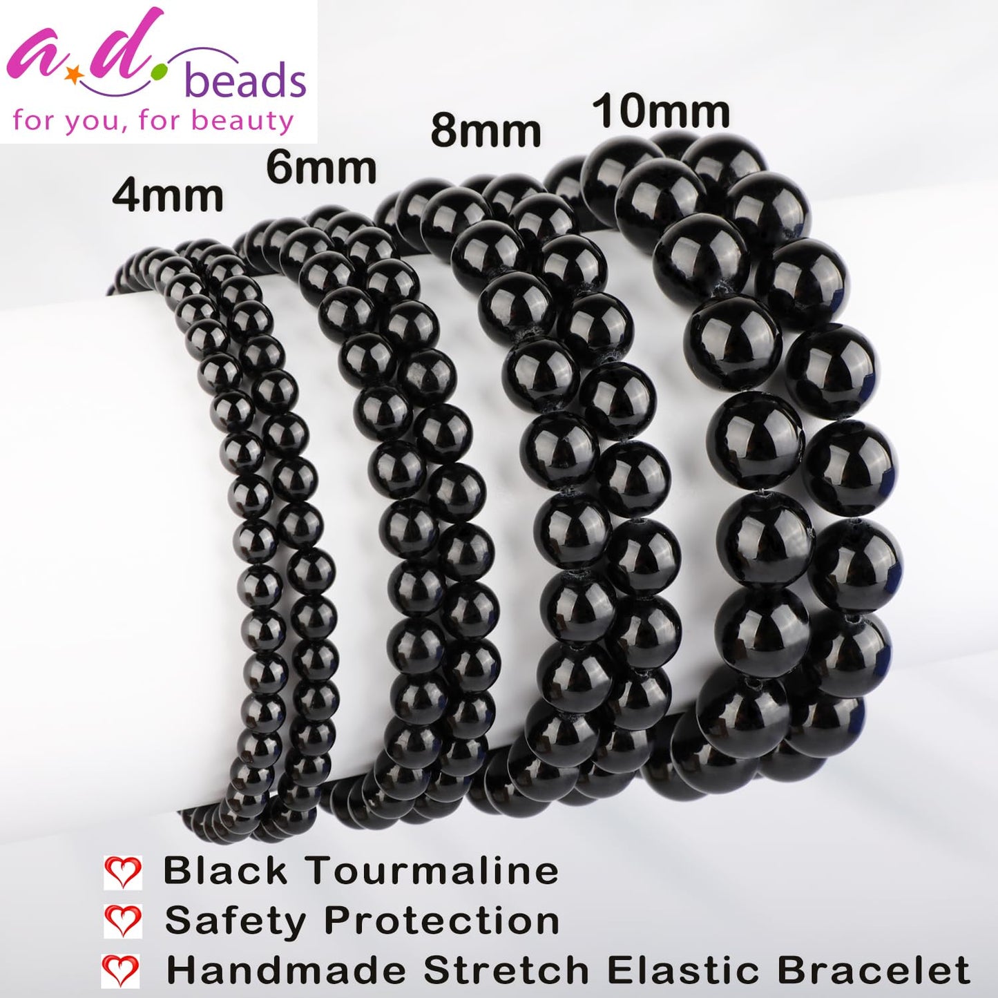 AD Beads 6mm Handmade Black Tourmaline Elastic Bracelet – Natural Gemstone for Safety Protection – Meditation, Yoga, Healing and Energy Gift for Men Women
