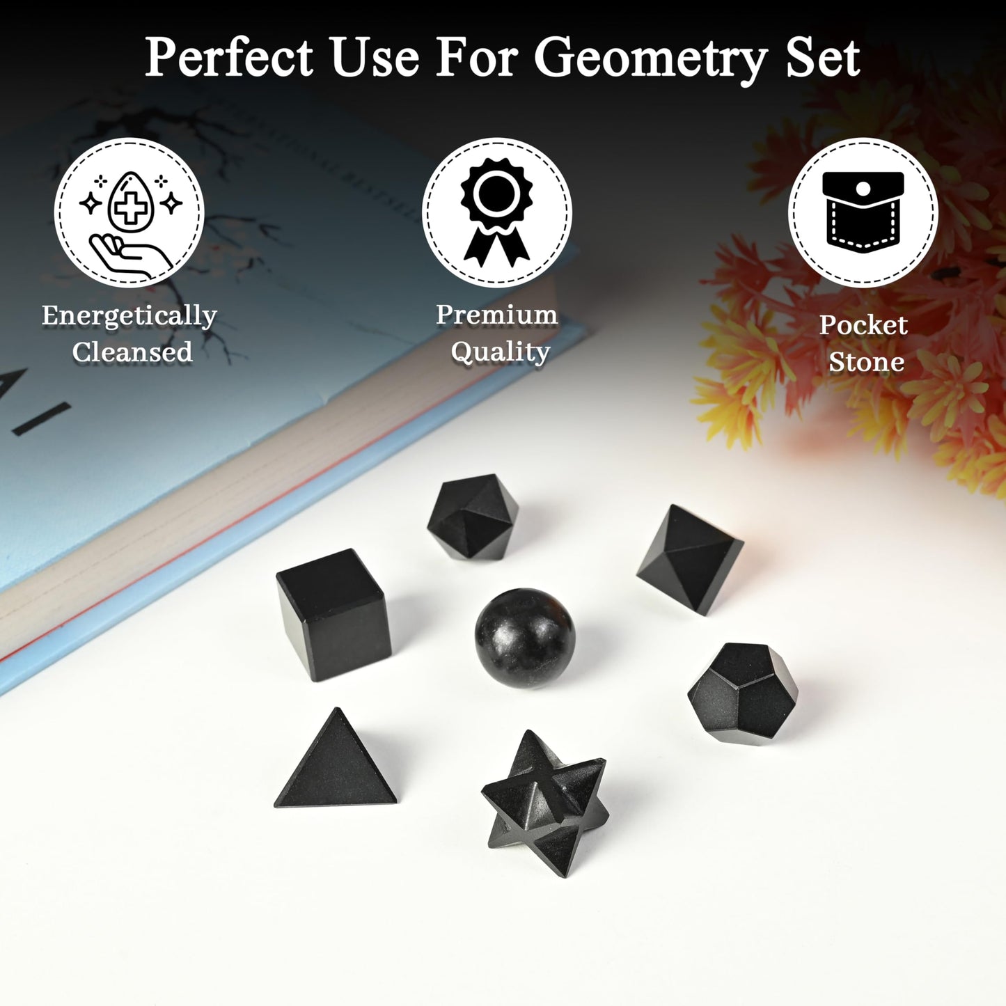 Crocon Black Tourmaline 7Pcs Platonic Solids Crystal Geometry Set, Platonic Solids Sacred Geometric Stones for Meditation Reiki Balancing Healing Chakra Stone Cleansing Spiritual Good Luck (15-20 mm)