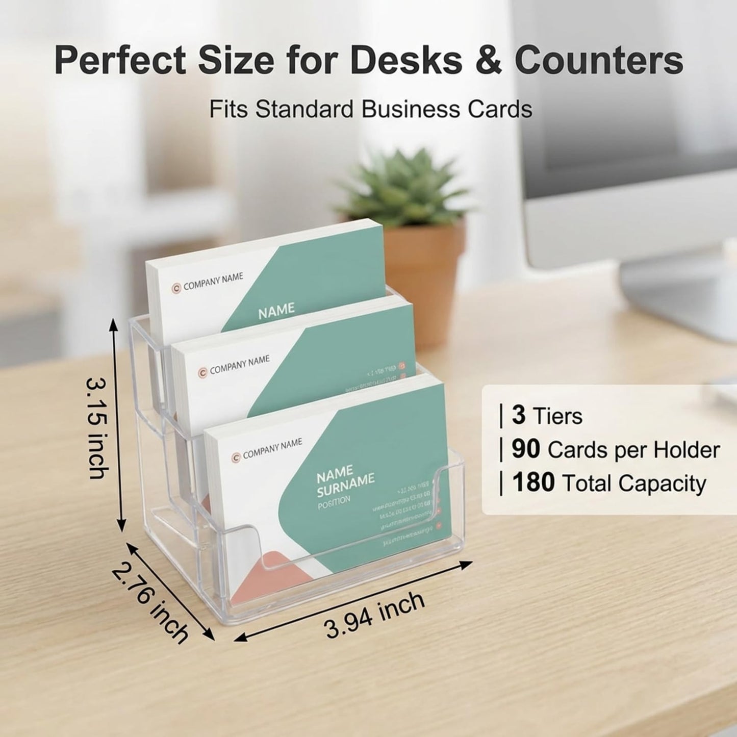 TecUnite 2 Pieces Business Card Holder for Desk 3 Tiers Clear Acrylic Stand for Business Card Organizer Storage Holder Display for Office and Company, 180 Cards Capacity