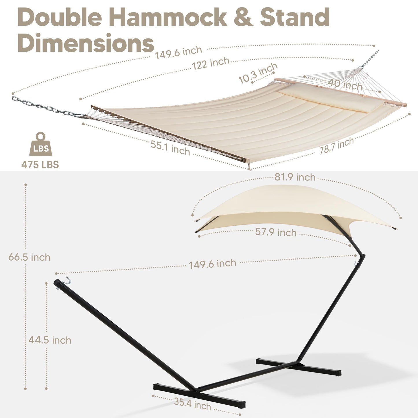 SUNCREAT Portable Outdoor Hammock with Stand, Sun-Protective Canopy, Double Hammock with Stand for Outside, Patent Pending, Beige