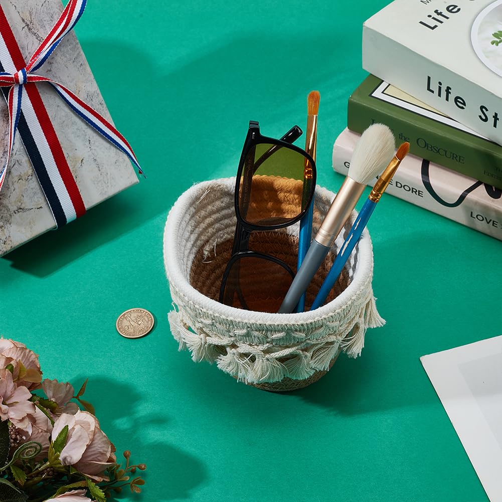 MAYJOYDIY Khaki Tassel Cotton Rope Woven Basket Round Boho Baskets with Cotton Rope Tassel 4.7×4.7×4.1inch Small Cleaning Cloth Eye Glass Storage Organizer for Bedroom Nursery Livingroom Entryway