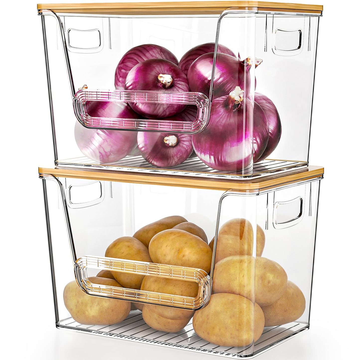Delamu 2 Set Pantry Organizers and Storage, Trash Bag Holder Under Sink Organizer for 4-13 Gal Bags, Trash Bag Dispenser with Bamboo Top for Onion, Potato, Garlic, Clear (11-7/32"L*7" W*7-1/8"H)