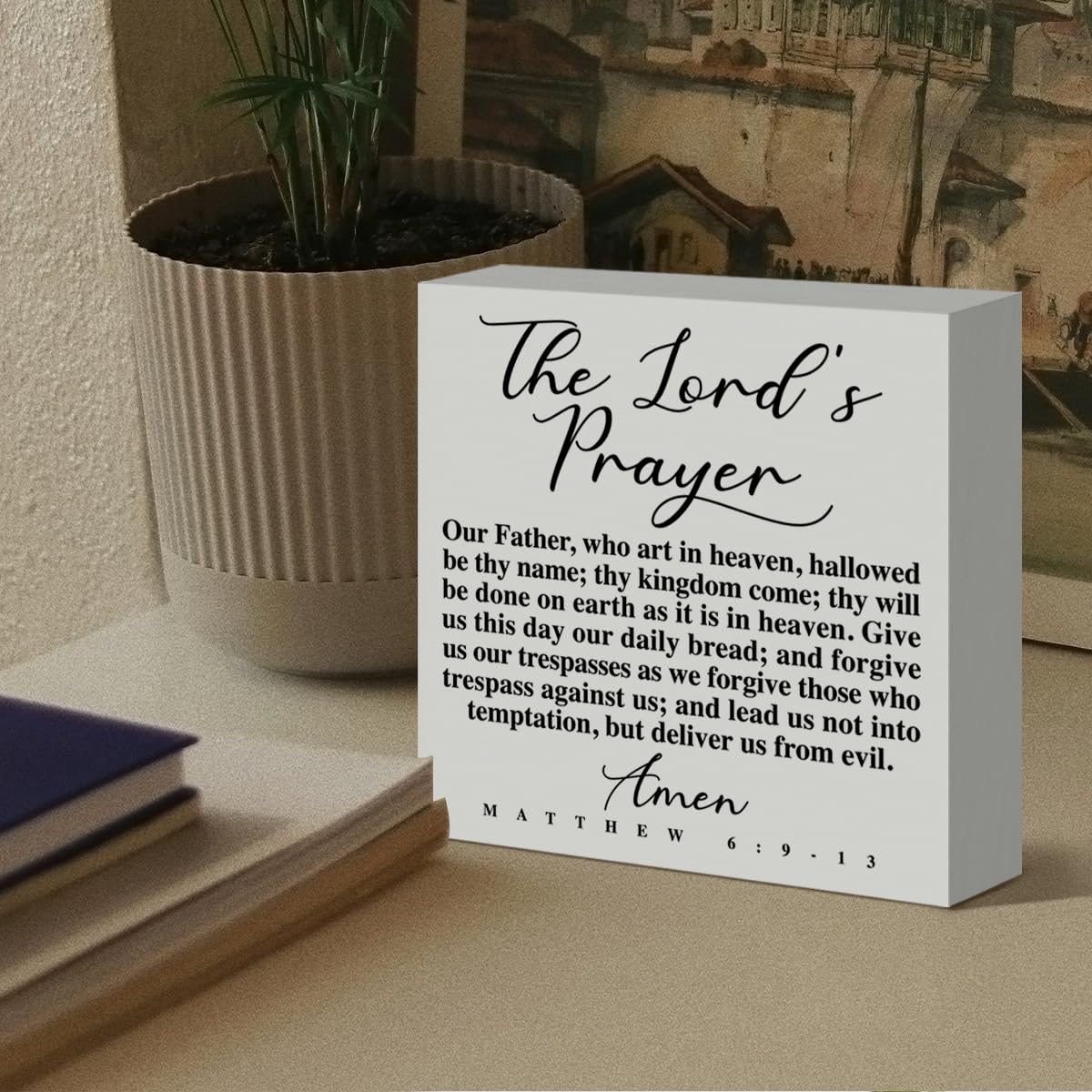 Christian Desk Sign Decor, The Lord's Prayer, Religious Decor for Home Prayer Room Desk Kitchen Counter Cabinet Dining Room Table Scripture Bible Verse Sign Decorations Christian Gift for Women Men