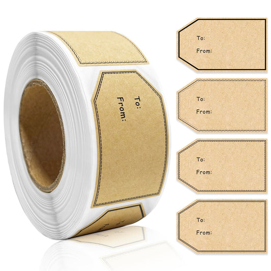 500 PCS Gift Tag Stickers, 1.18" x 2" Brown Kraft to and from Gift Name Labels, 4 Different Design, Self Adhesive Christmas Tags Valentines Day Stickers Holiday Present Stickers