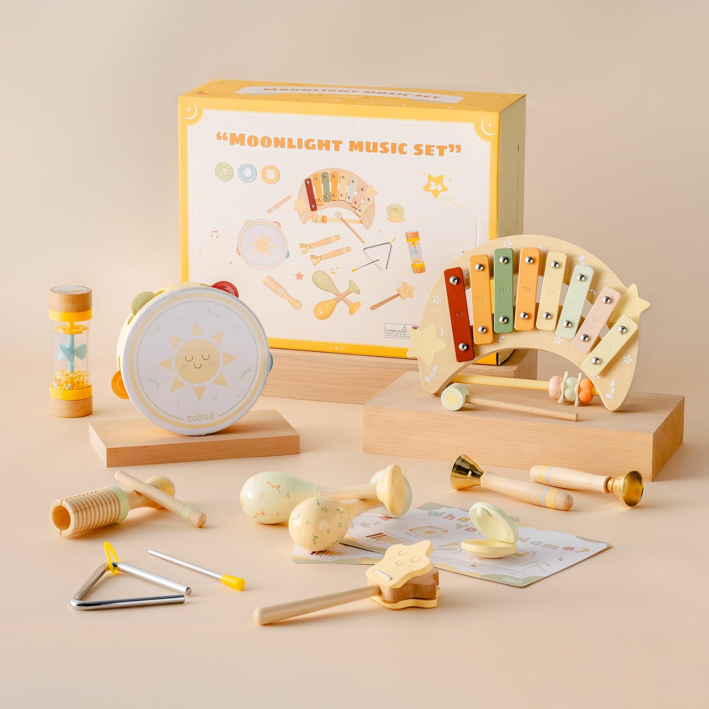 ROBUD Toddler Musical Instruments, Montessori Wooden Baby Musical Toys, Neutral Colors Musical Toys for Toddlers 1-3, Educational Percussion Set, for Boys and Girls(Star and Moon Theme)
