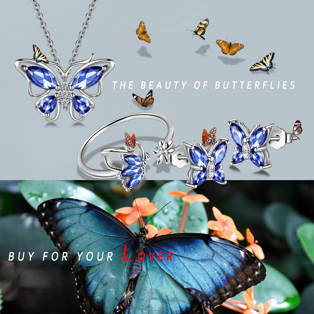 Hipunk Butterfly Purple Jewelry Sets Birthstone Women 925 Sterling Silver December-Tanzanite Birth Stone Animal Butterflies Jewelry Sets/Earring/Ring Set Crystal Birthday Jewelry SS0002D