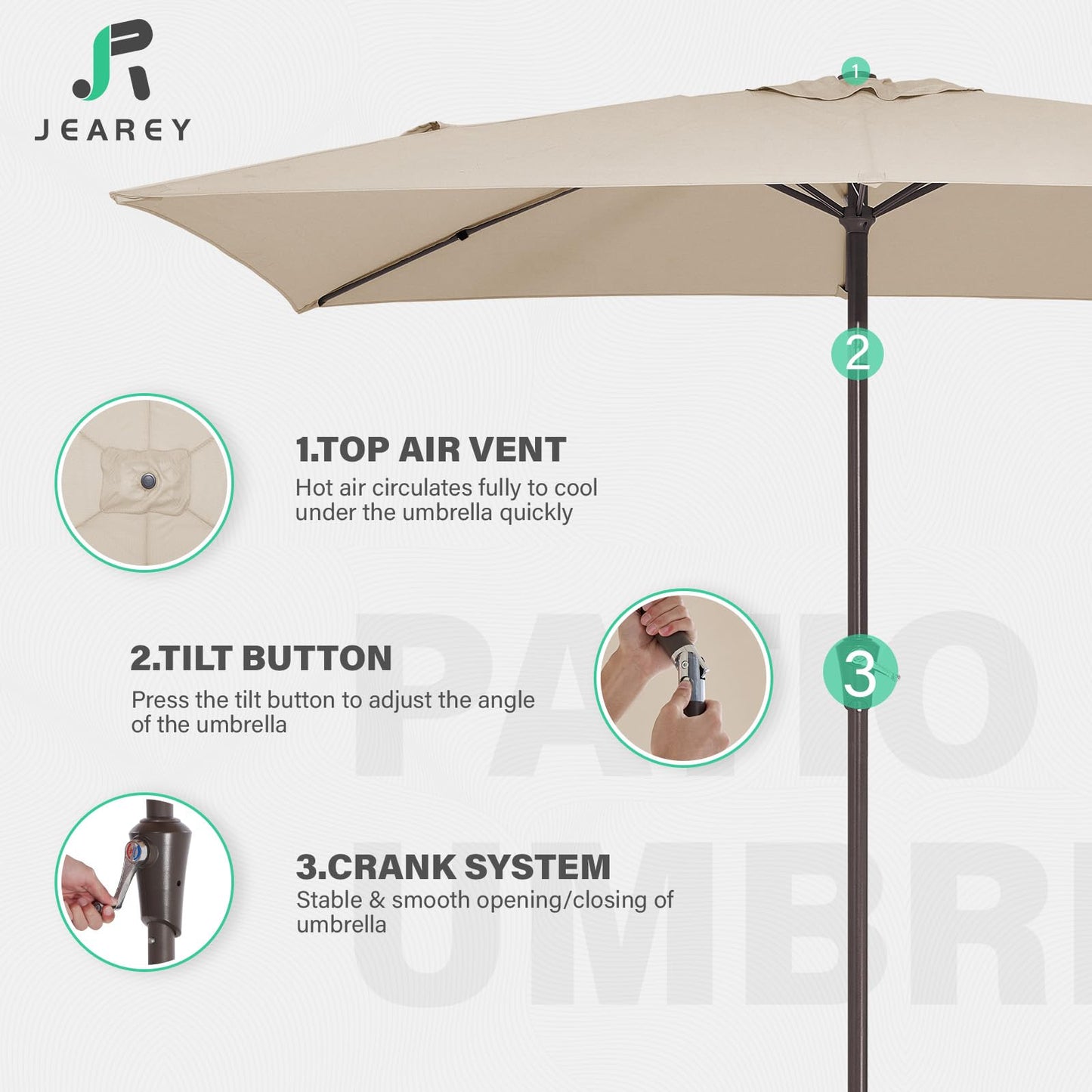 JEAREY 6.5x10 ft Rectangular Patio Umbrellas Rectangle Outdoor Umbrella with Push Button Tilt and Crank, Market Table Umbrella 6 Sturdy Ribs UV Protection for Poolside Garden Backyard Deck, Beige