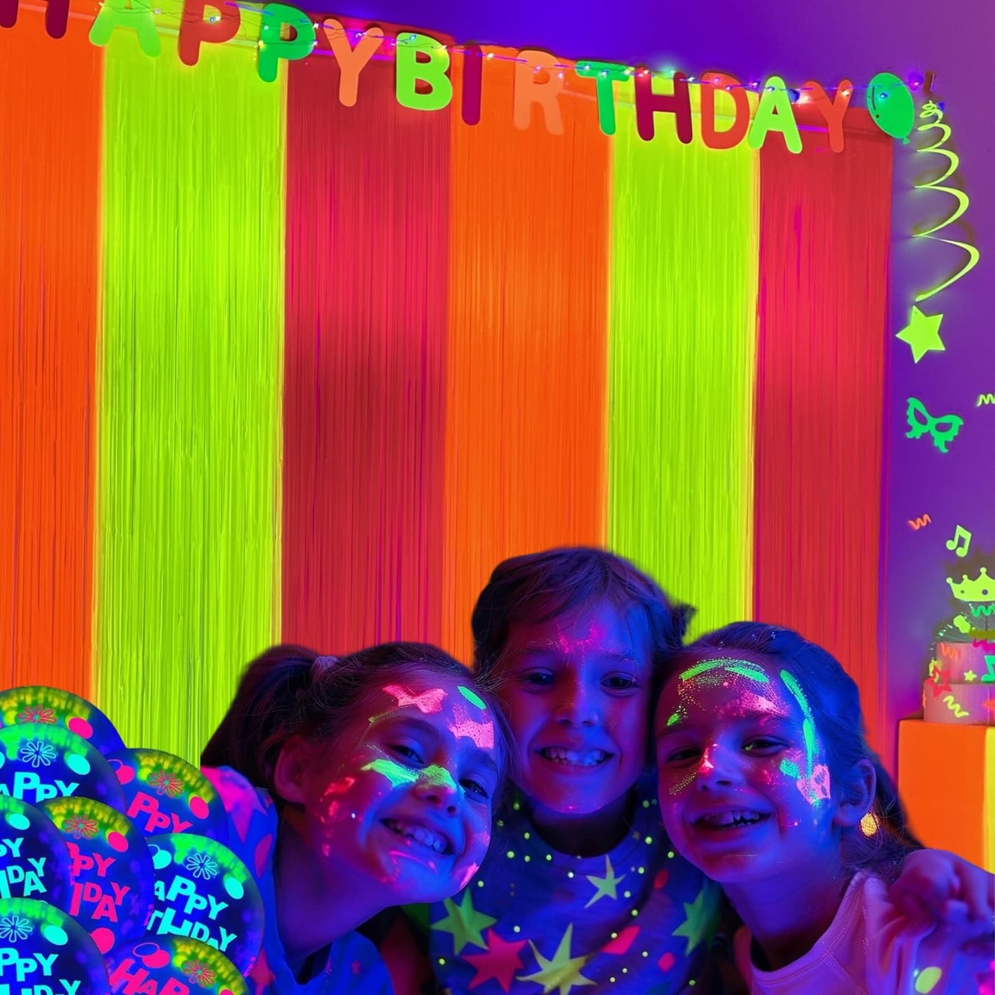 Aduck Glow in The Dark Party Supplies, Neon Party Decorations Foil Fringe Curtains with Tinsel Backdrop(2-Pack), Fluorescent Yellow/Orange/Pink Streamers for Photo Booth Birthday Decorations-6.6x6.6ft