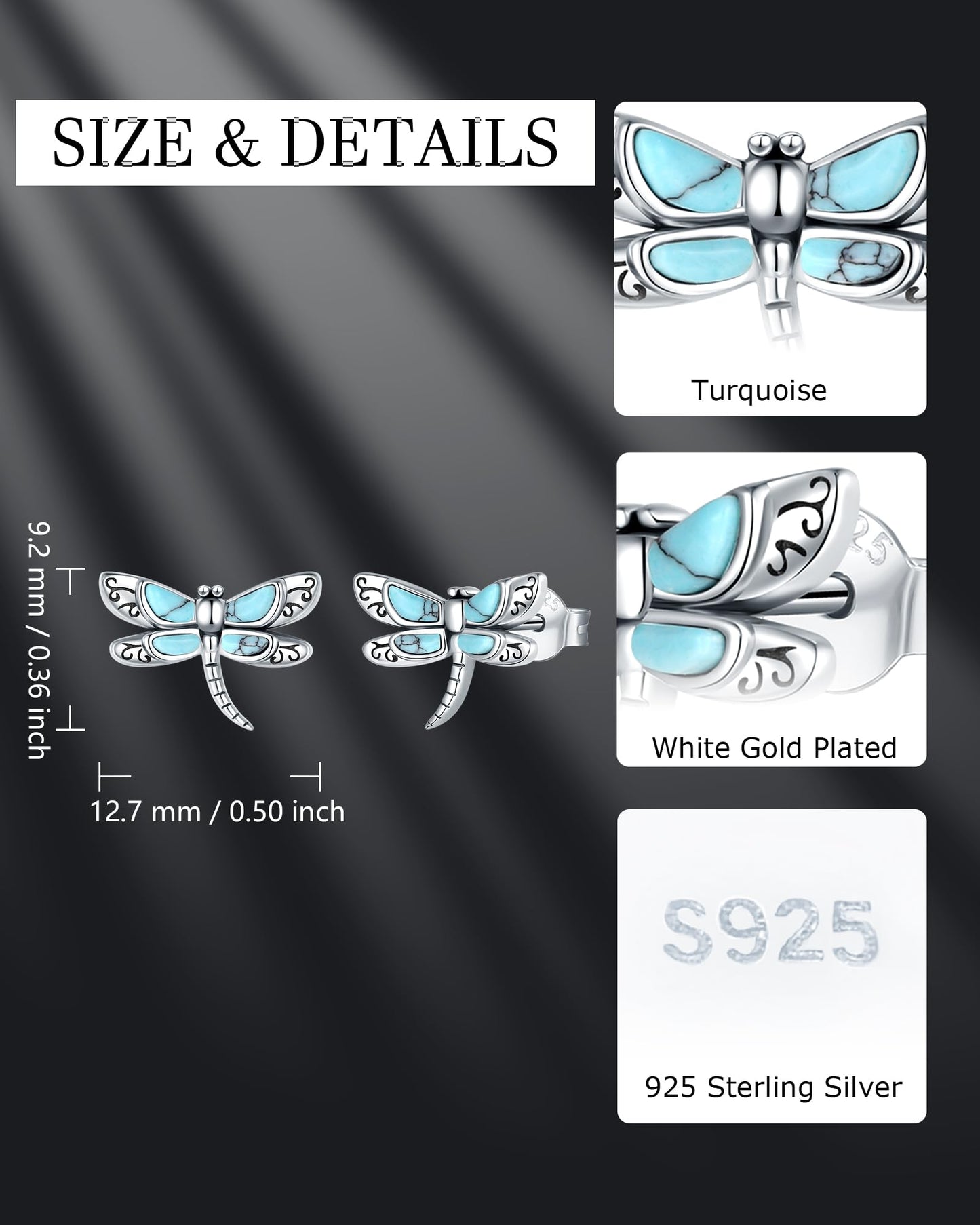 S925 Sterling Silver Turquoise Dragonfly Sunflower /Hummingbird/Butterfly/Cross/Anchor Earring Vintage Bohemian Jewelry Natural Drop/Stud Earrings Birthday Jewelry Gifts for Women (Dragonfly Turquoise Stud-Earrings)