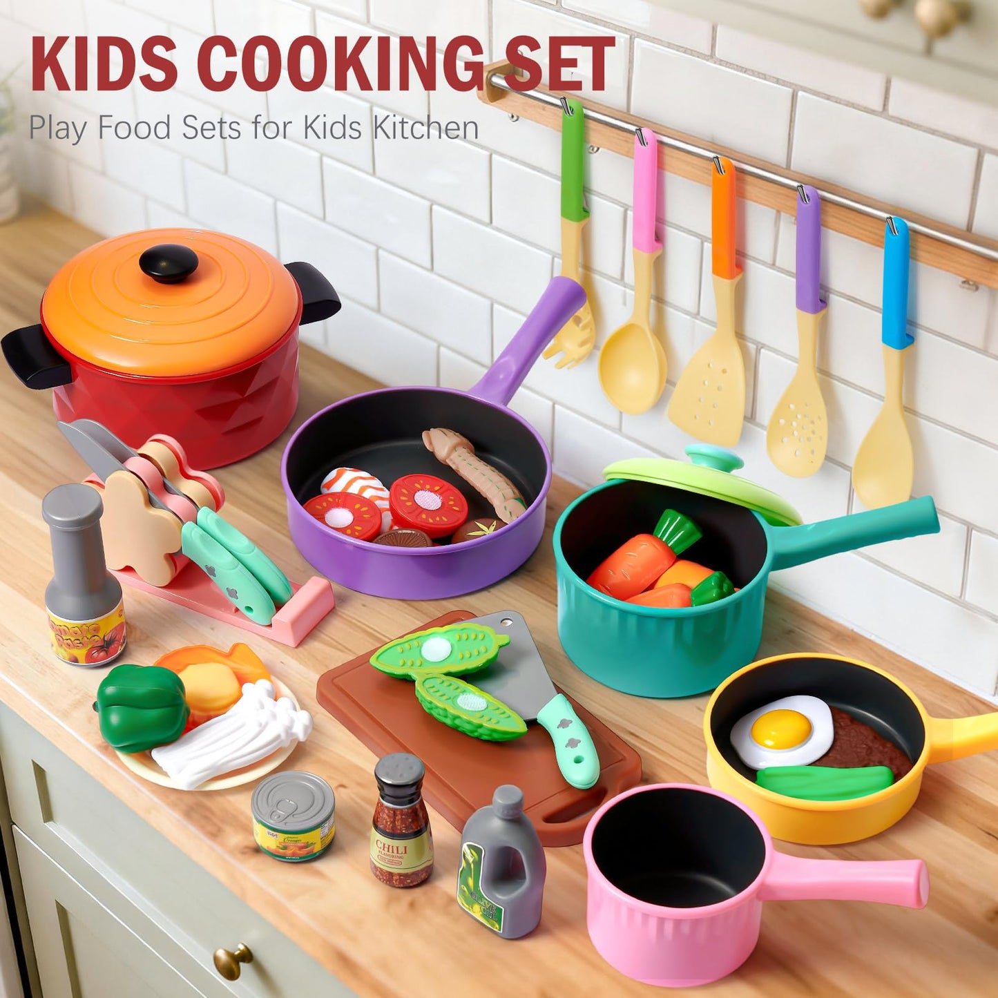 Lonico Pretend Play Kitchen Accessories for Toddlers 3-5, Play Food Sets for Kids Kitchen Toys with 5 Pots and Pans & Cooking Utensils & Toy Food, Birthday Gift for 3 4 5 Year Old Girls Boys
