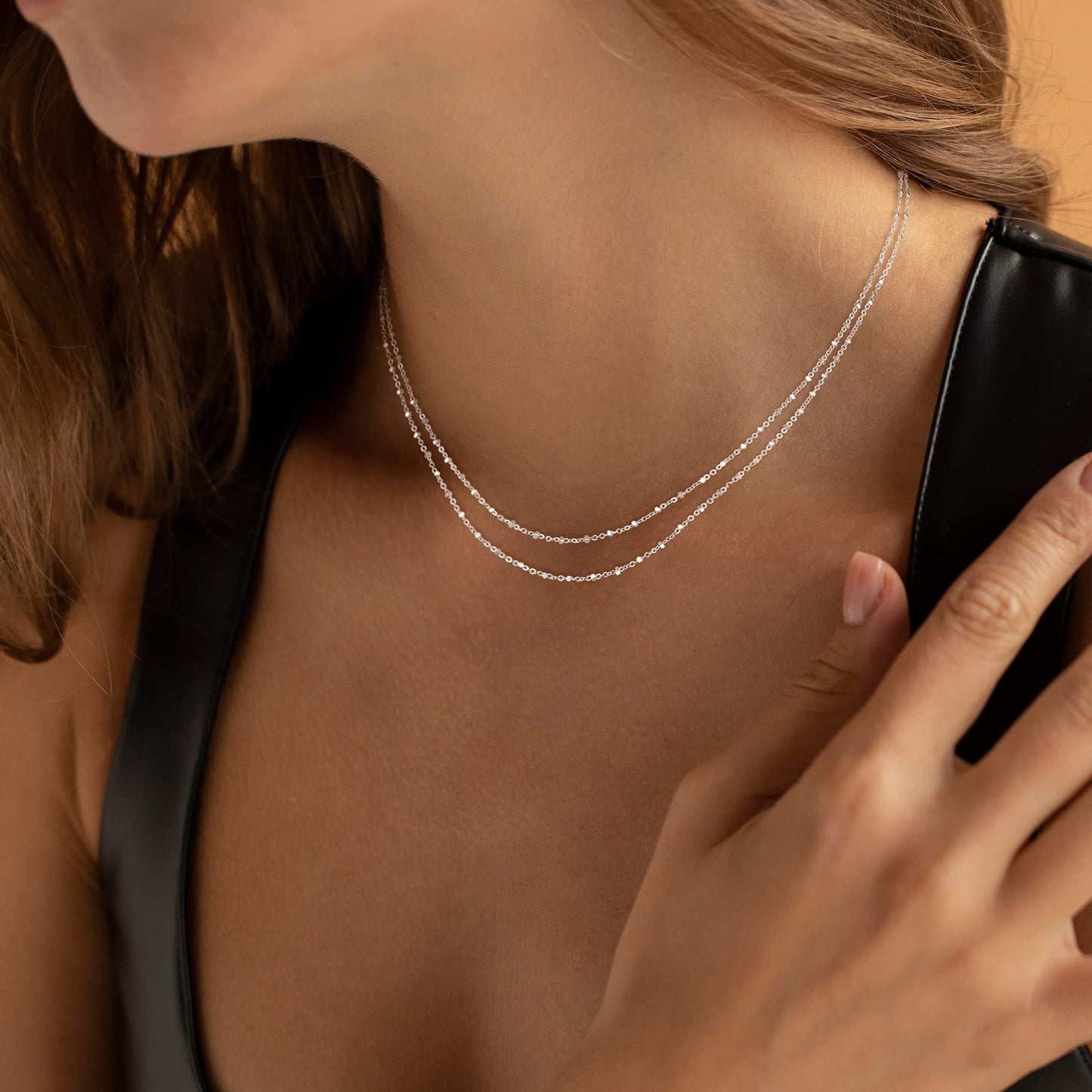 MBW Layered Necklaces for Women, Dainty Silver Plated Square Dot Choker Necklaces for Women Trendy Simple Silver Herringbone Thin Snake Chain Satellite Choker Necklace Silver Jewelry for Women