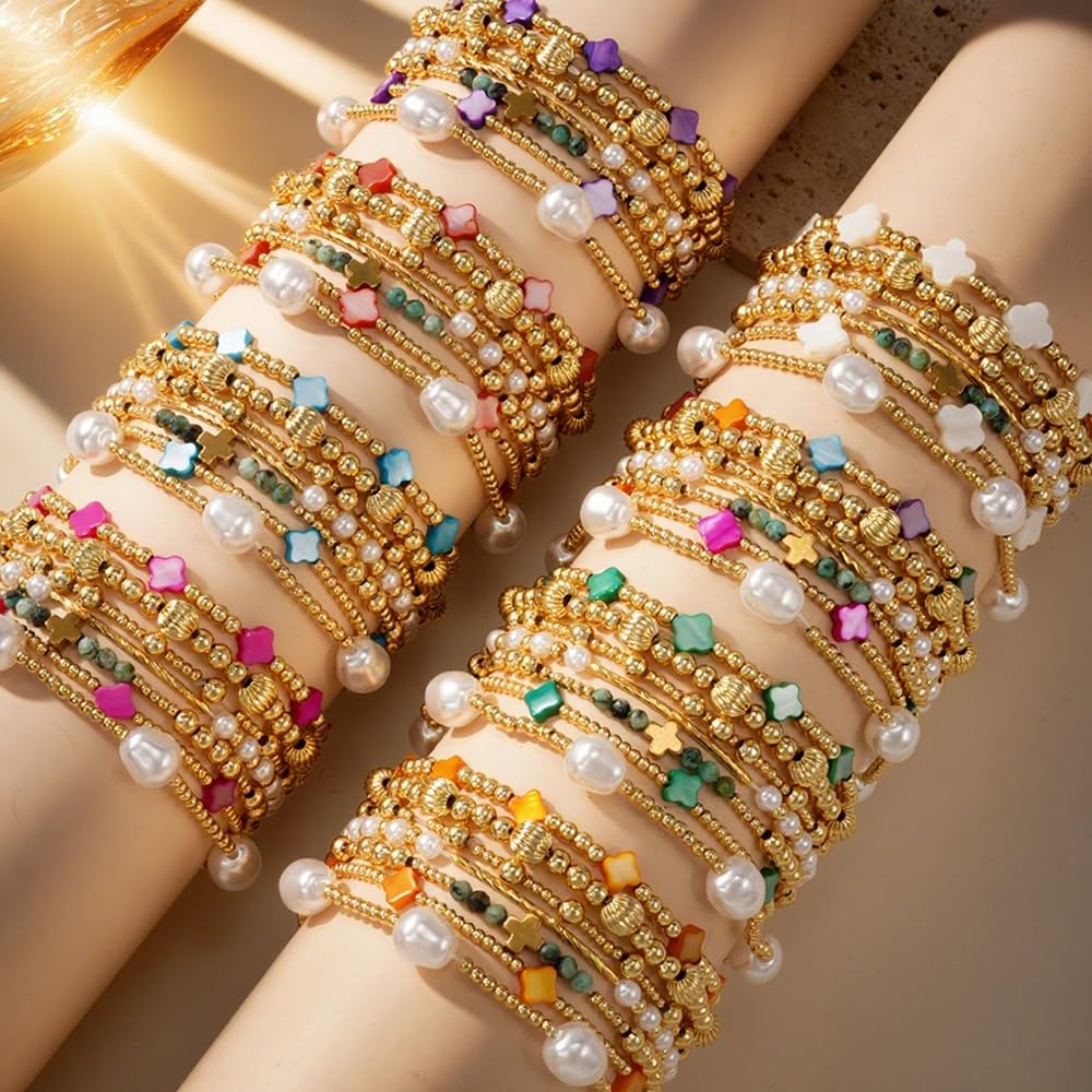SHINUS BOHO 14K Gold Beaded Pink Clover Stackable Bracelets for Women,7PCS/Set Boho Cross Pearl Beads Stretch Bracelet Stack Fashion Holiday Birthday Prom Jewelry Accessories Gift Friendship Sister