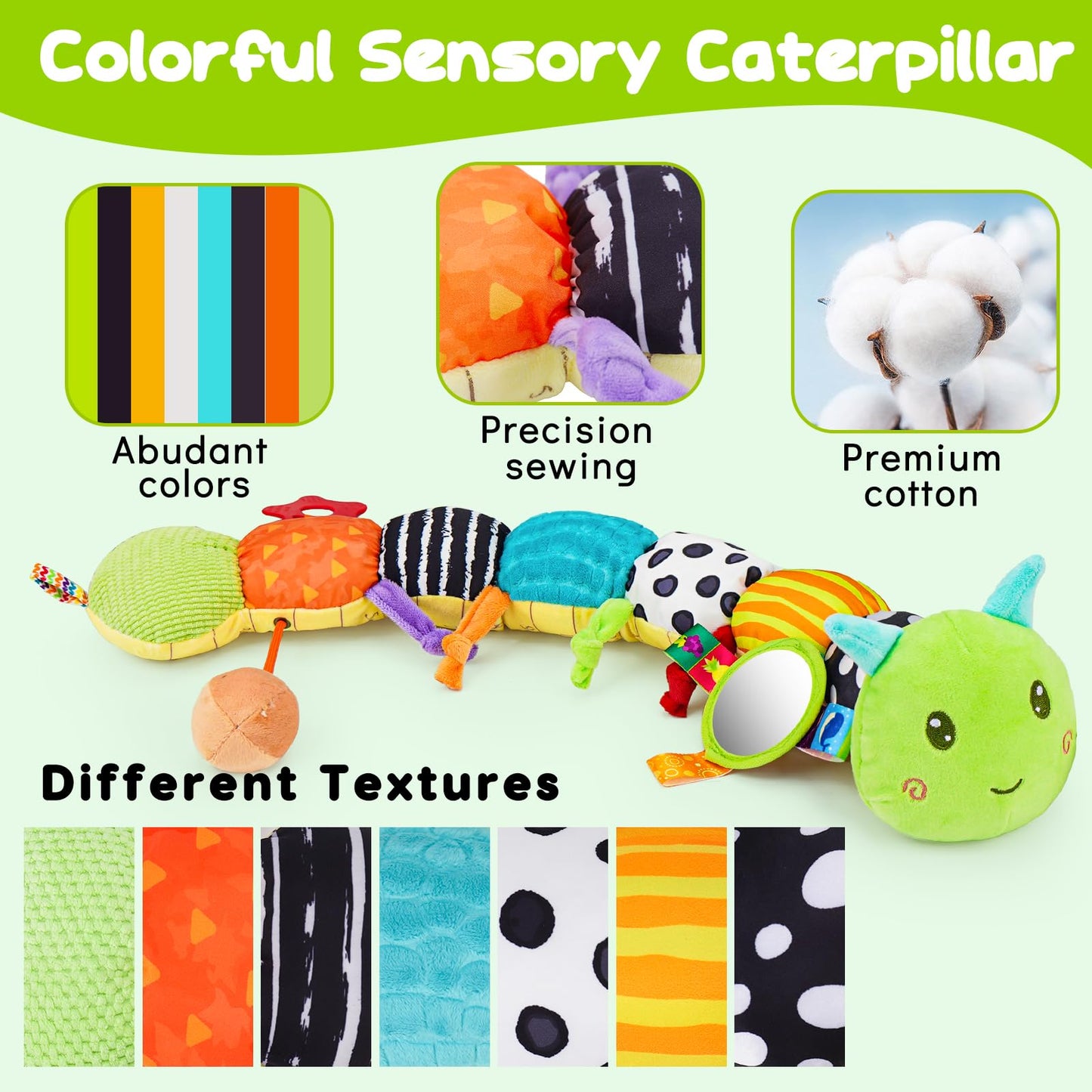 Baby Sensory Toy 0-6 Month Music Animal Stuffed Plush Caterpillar Toy for Infant 0-3-6-12 Month Old Tummy Time with Mirror Crinkle Rattle Toys for Newborn Boys Girl Shower Gifts Easter Basket Stuffer