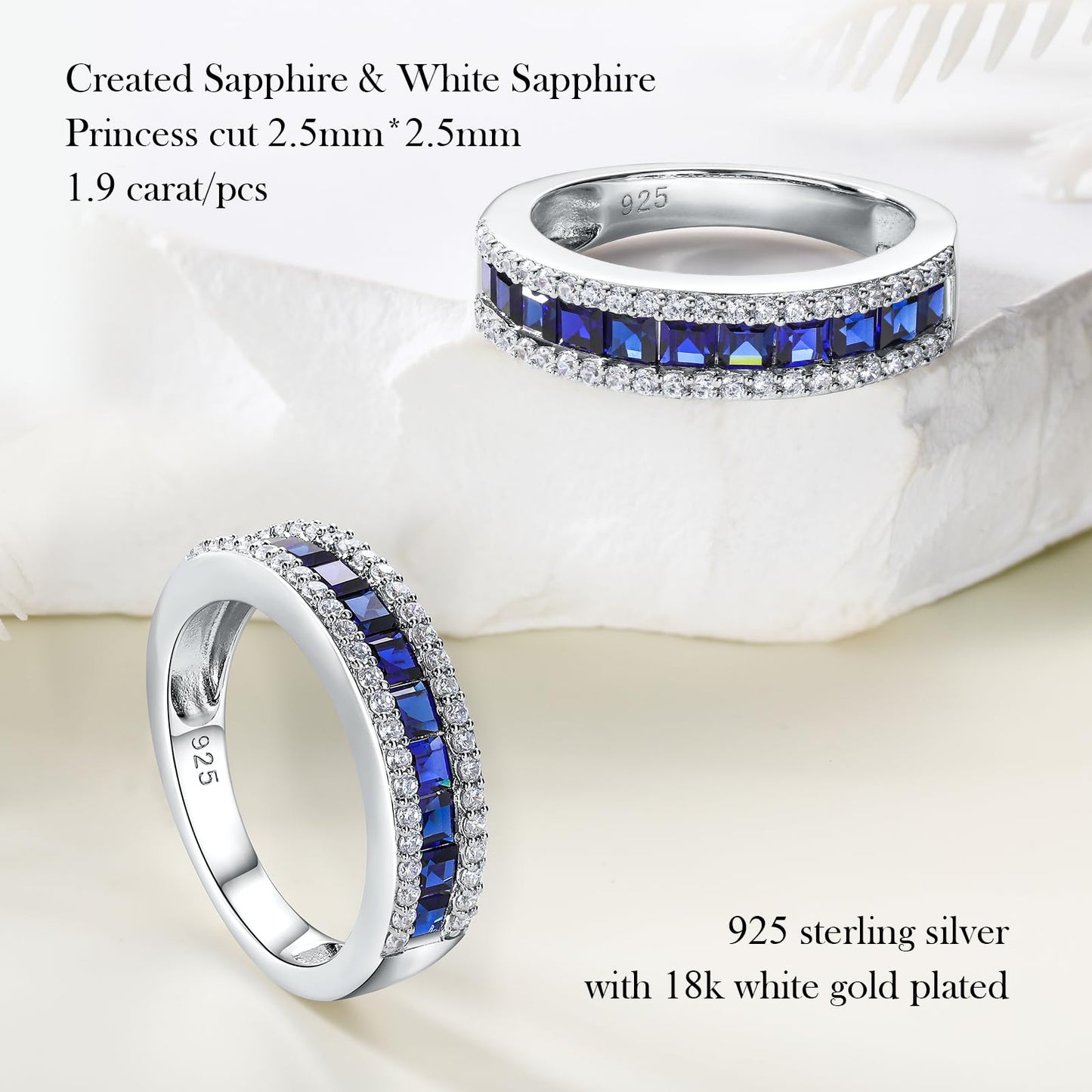 RANDES Blue Sapphire Princess Cut Engagement Rings for Women 925 Sterling Silver Channel Set Half Eternity Wedding Band Ring Size 8