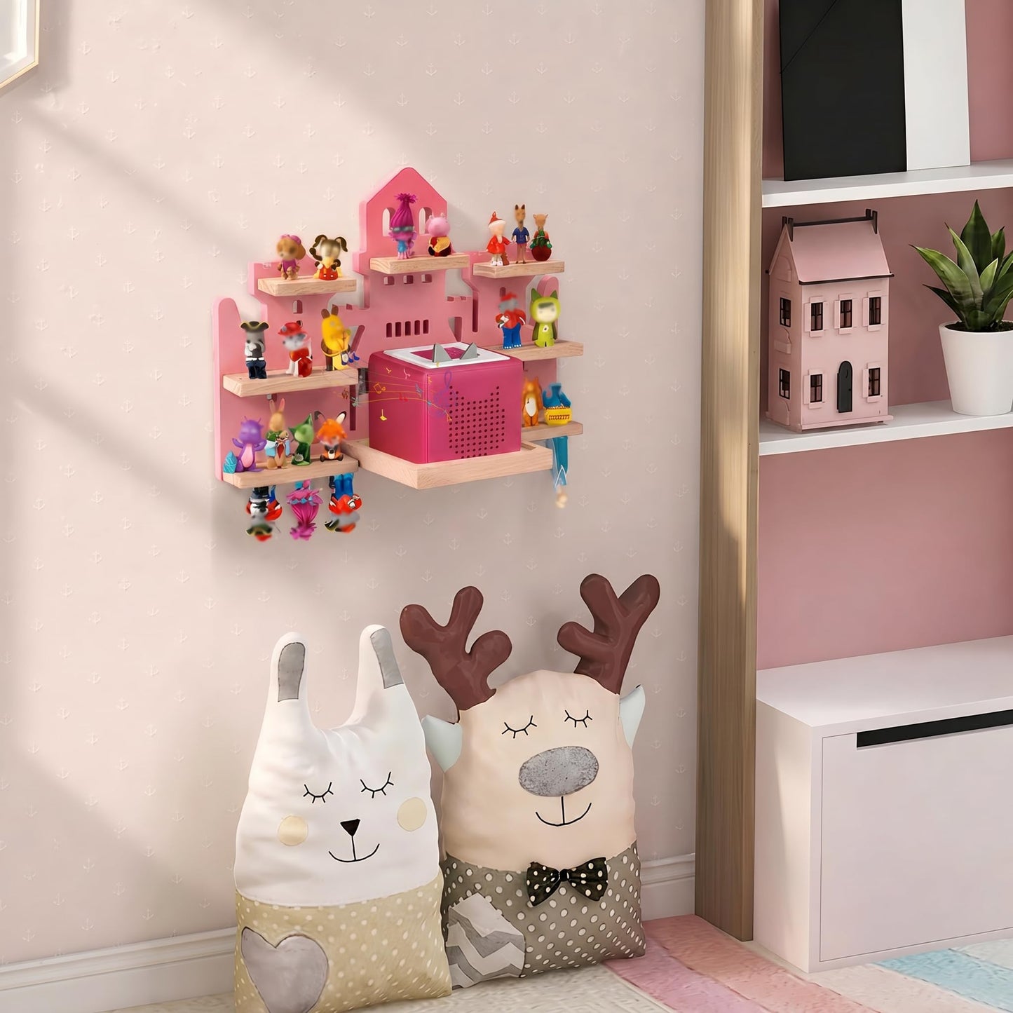 Tonie Shelf for Tonies Box 2/1 - Tonie Storage for Tonie Box & Tonies Figures & Charging Station, Magnetic Wooden Floating Shelf for Toniebox & 15-33 Tonies Characters, Wall Mounted Rack,Castle Shape