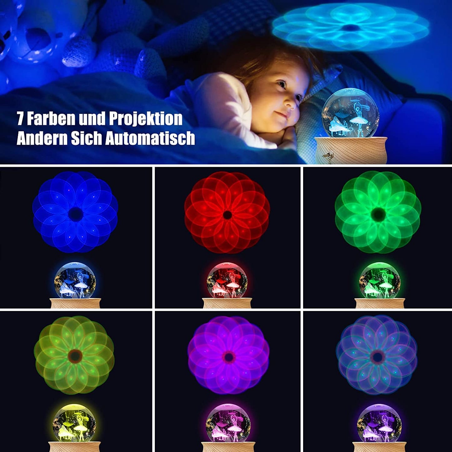 Music Box, 3D Crystal Ball Music Box with RGB Light Projection, 360 Rotating Wooden Base Night Light, Best Gift for Valentine's Day Birthday Girls Boys Women Mom, Room Decor