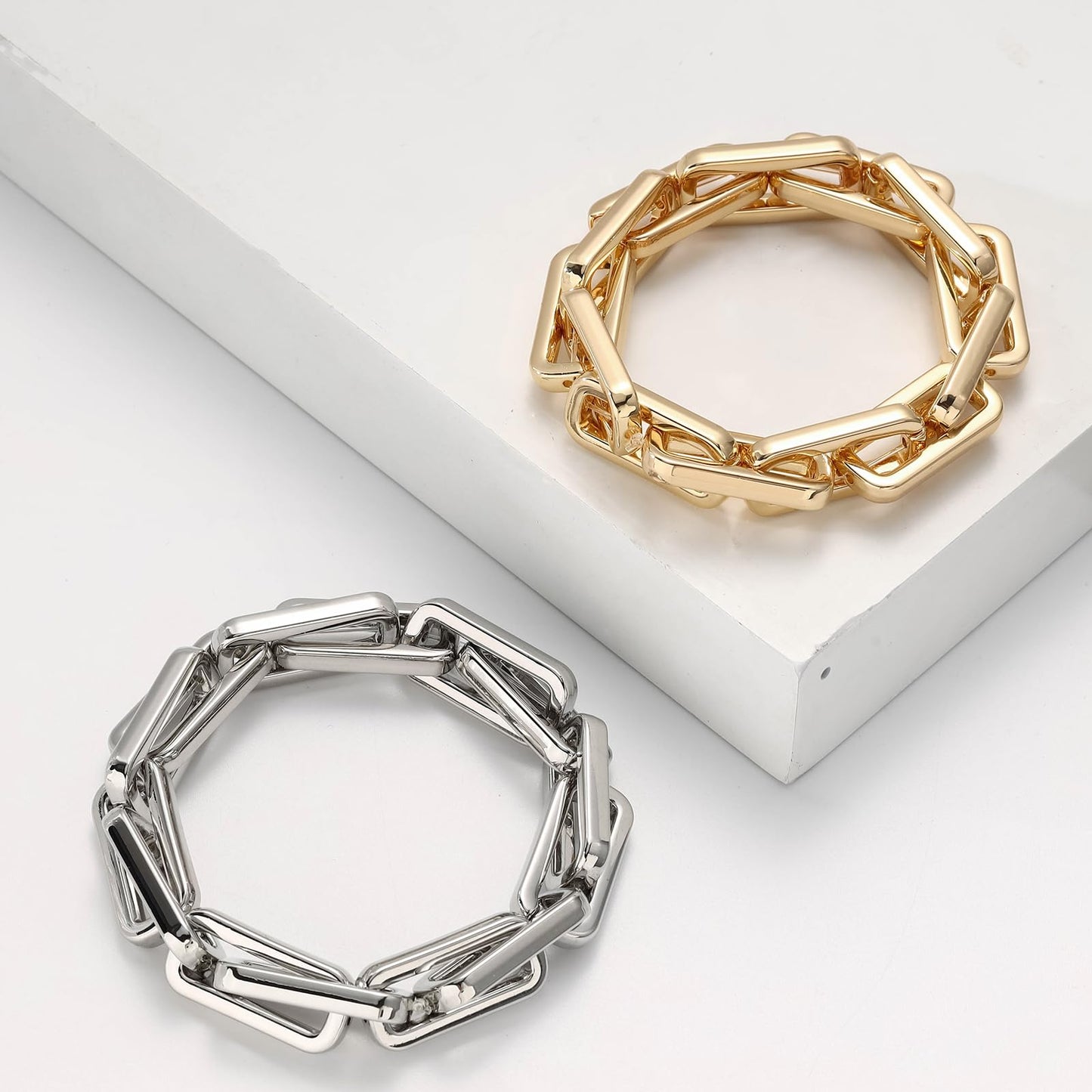 WZJLY Chunky Gold Bracelet for Women Non Tarnish, Trendy Stretch Cuban Link Chain Plated Gold Bangle Bracelets (Paperclip-Silver)
