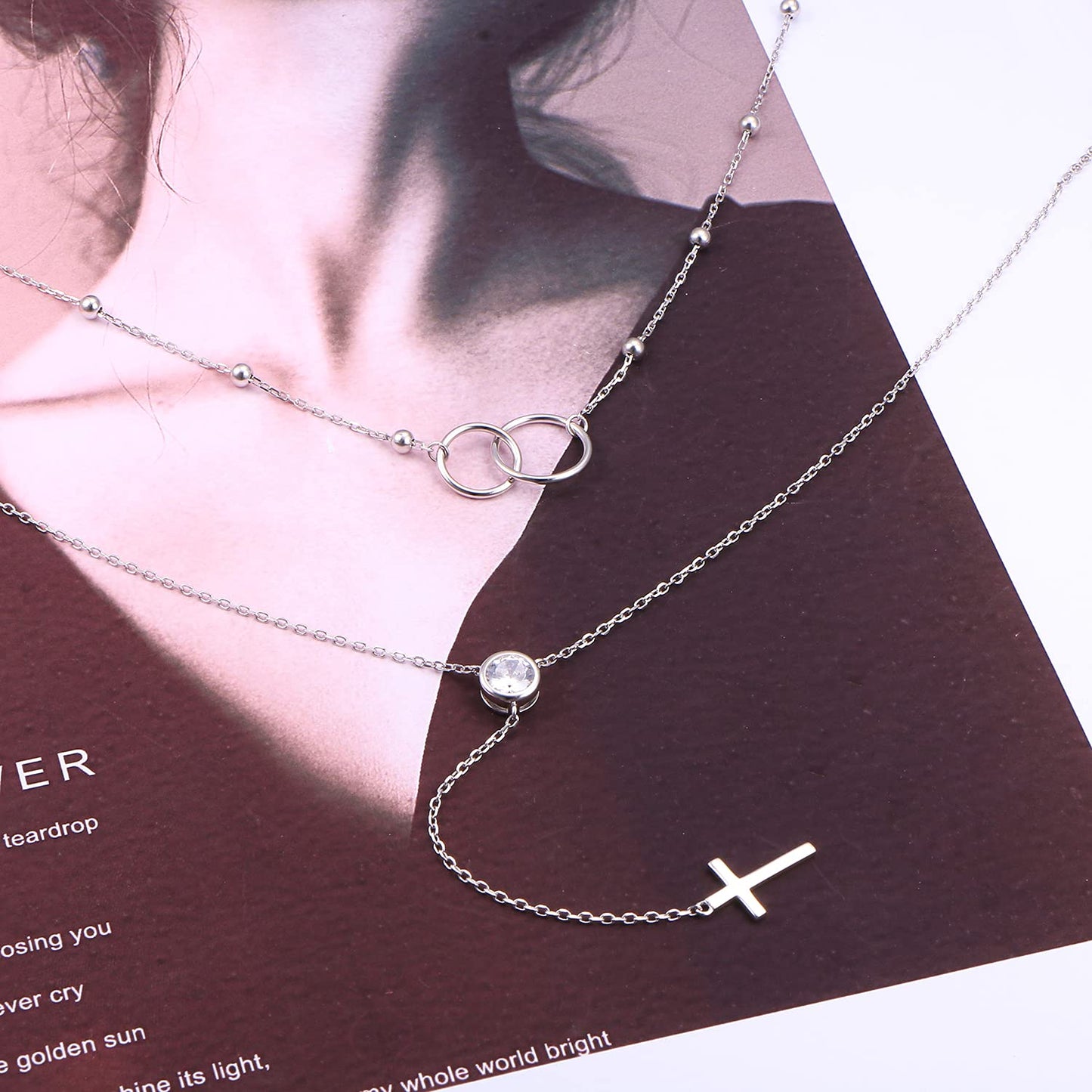 FLYOW Layered Cross Necklace 925 Sterling Silver Two Interlocking Infinity Circles Choker Y Lariat Long Necklace Mothers Day Birthday Gifts for Women