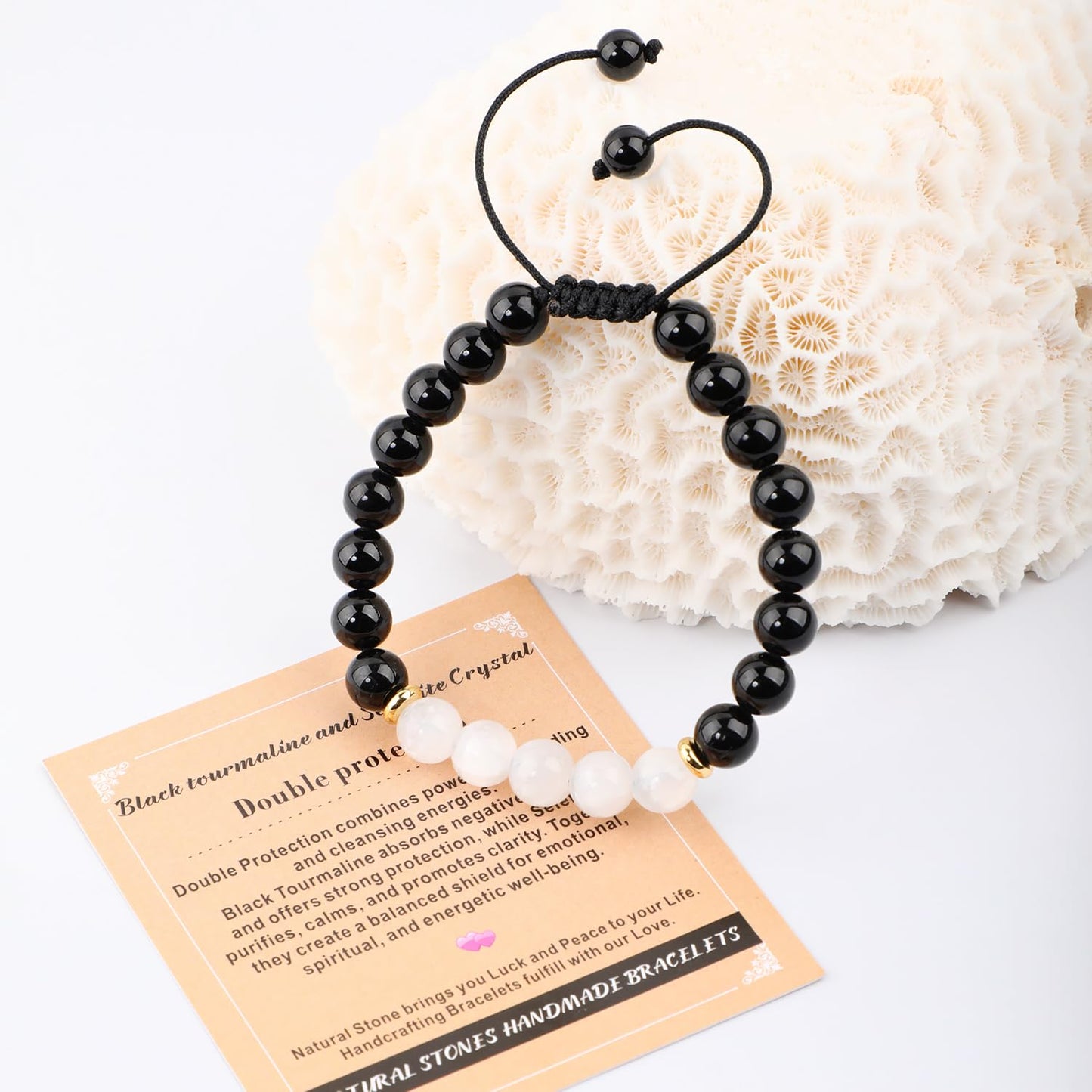 AD Beads 4mm Black tourmaline + Selenite Crystal - Double protection - Handmade Natural Stone Crystal Bracelet with Adjustable Macrame String - Yoga Healing Power Energy Gifts for Men and Women