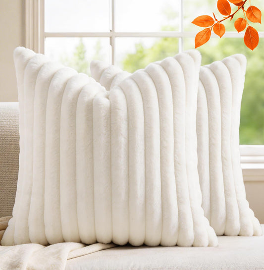 MEGAYES Set of 2 Decorative Throw Pillow Covers 18x18 Faux Fur, Soft Plush Striped Square Couch Cushion Cases with Velvet Back for Sofa Bed Living Room Modern Farmhouse Boho Euro, Neutral White