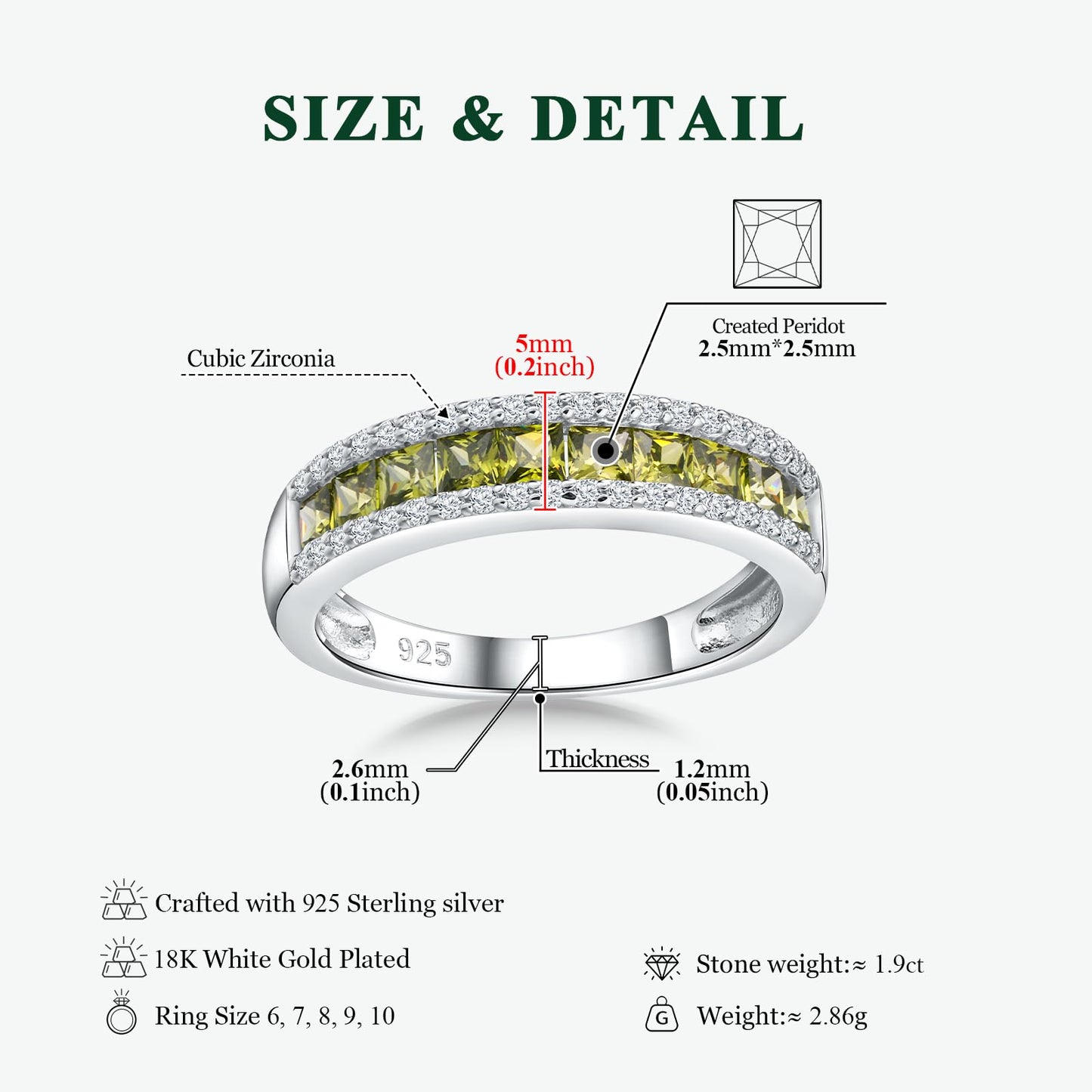 RANDES Peridot Band Rings for Women August Birthstone Ring 925 Sterling Silver Channel Set Princess Cut Anniversary Band Size 7