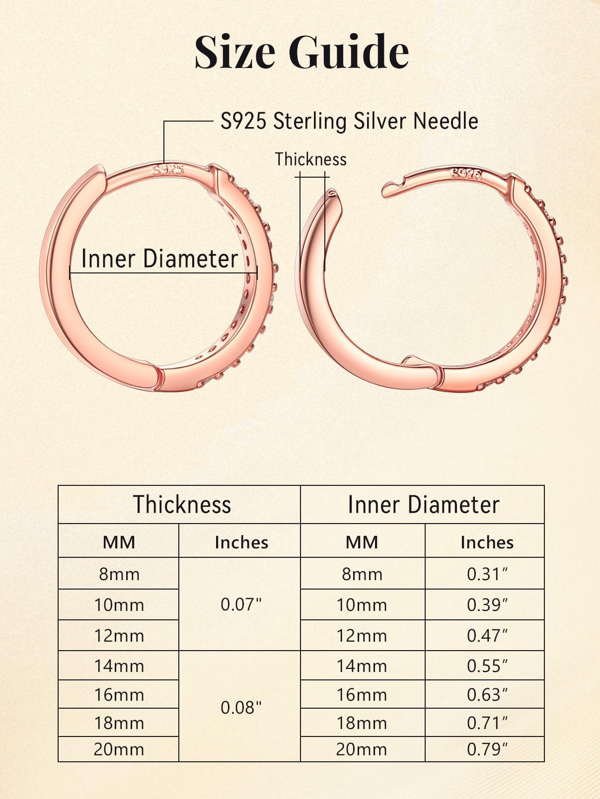 FaithHeart Cubic Zirconia Hoop Earrings for Women, Rose Gold Hypoallergenic Huggie Hoop Earrings, Small Cartilage Earrings for Women 20mm, Send Gift Box