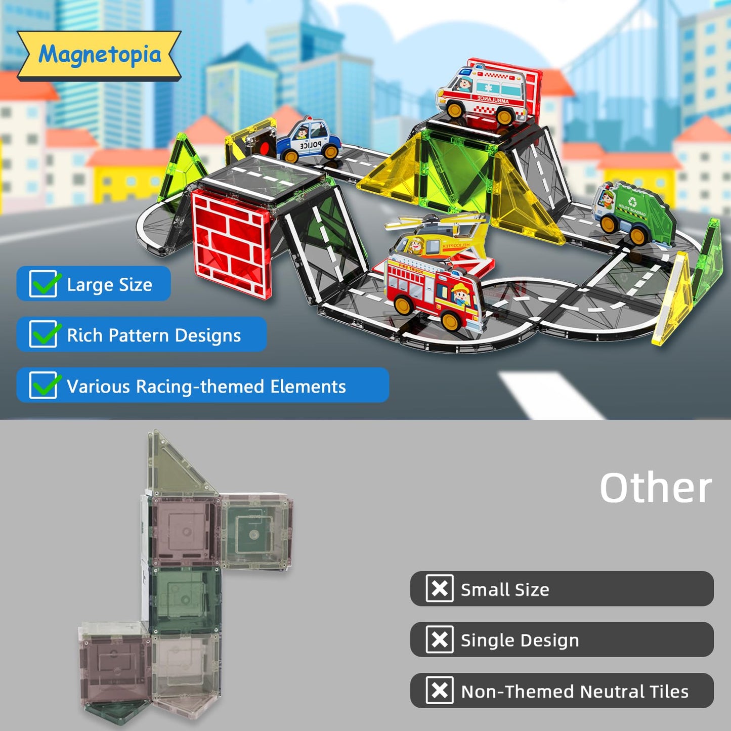 Magnetic Tiles Road Car Set,Magnetic Building Blocks for Kids, Learning Sensory Montessori Toys for 3-8 Year Old Boys Girls, Birthday Gifts for 3-8 Year Old Boys Girls, STEM Toys for Toddler