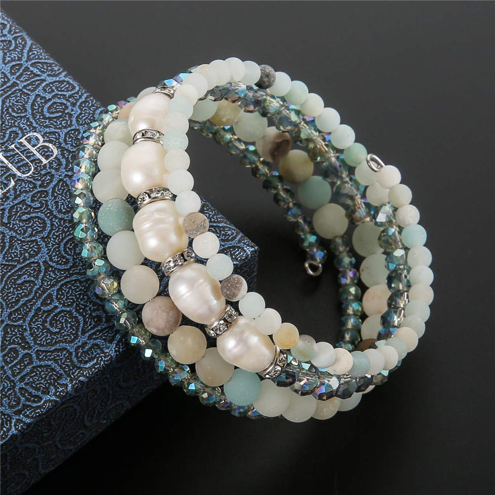 Beaded Freshwater Pearl Chakra Bracelet - Multi Strand Wrap Bracelet with Natural Crystal Agate Beads, Birthday Gifts for Women(29-Green)