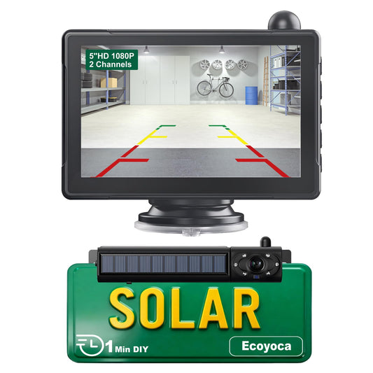Ecoyoca Solar Wireless Backup Camera 5'' HD Split-Screen Monitor Reversing Camera Stable Signal Dual Channel Back Up Kit Easy Installation Night Vision Waterproof Reverse Camera for Car RV Van SUV