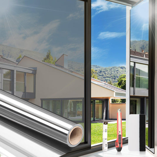Arthome One Way Window Film Daytime Privacy Window Tint for Home UV Blocking Mirror Film Non-Adhesive Static Cling Heat Control Reflective Glass Film for Home and Office, Silver, 35.4 Inch x 32.8 Feet