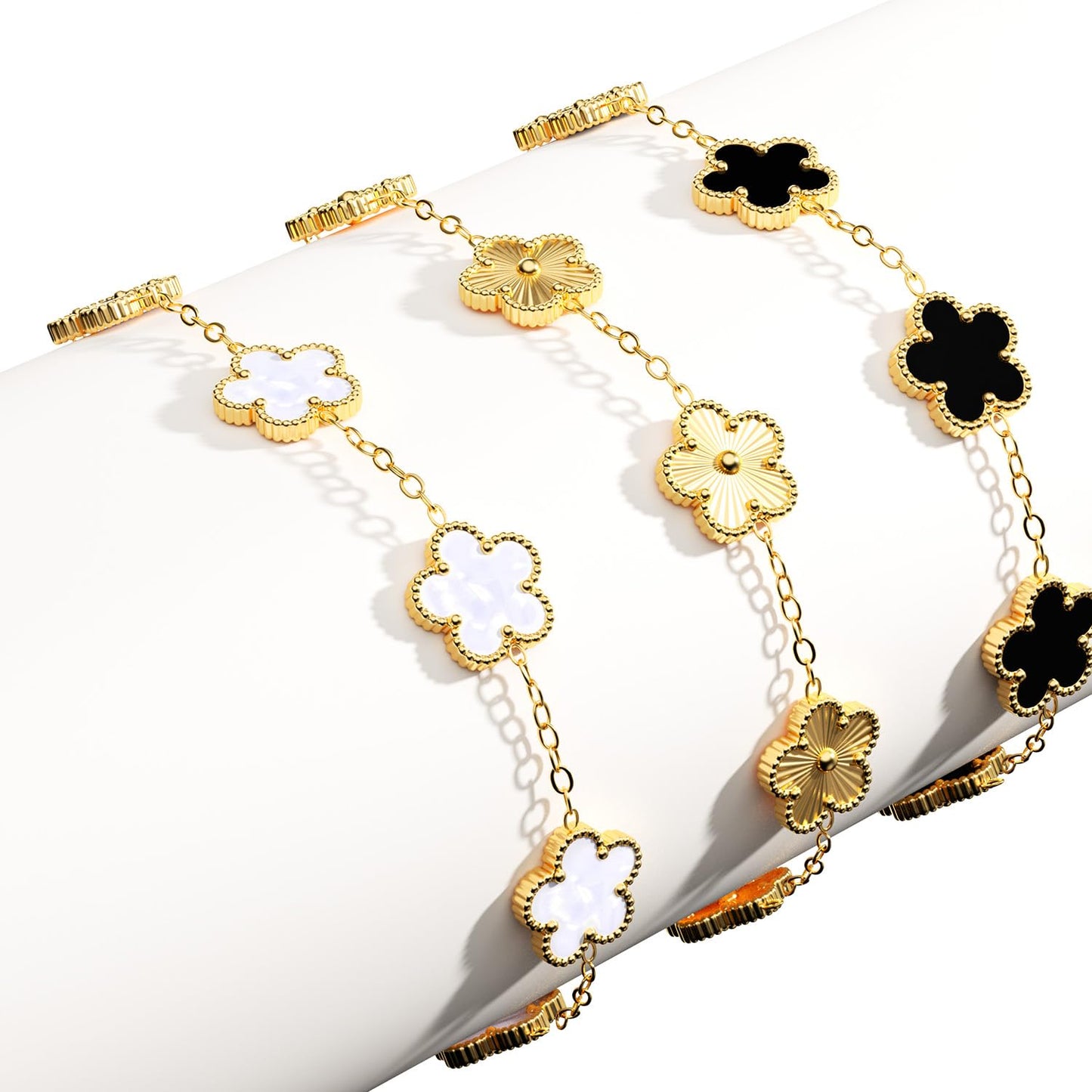 AICase 18K Gold Plated Clover Bracelet Dupes Gold/White/Black Bracelet Set for Women Flower Leaf Lucky Clover Bracelets Trendy Jewelry Birthday Gifts for Women/MoM/Friends