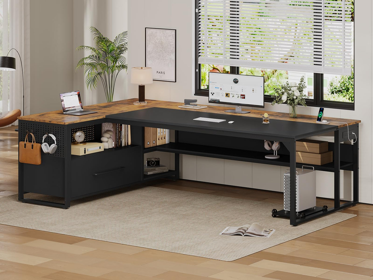UPOSOJA 71" Executive Desk, Large Office Desk with Widen File Drawers & Power Outlets, Reversible L Shaped Computer Desk Corner Desk with Storage Shelves, CPU Stand, Hooks, Business Furniture