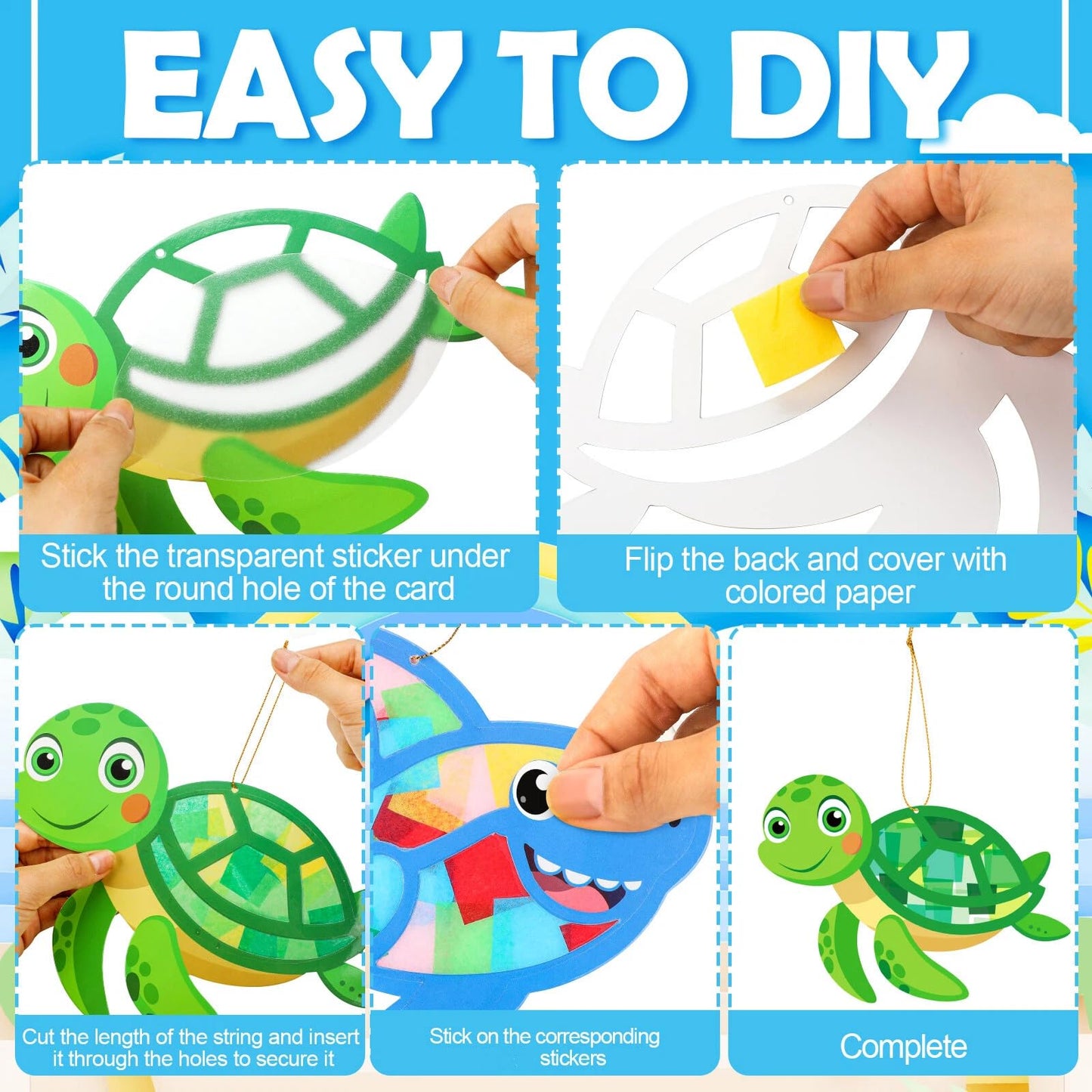 DoubleFill 48 Pcs Marine Animals Suncatchers Craft Kits DIY Under The Sea Summer Stained Glass Effect Tissue Paper Kits Bulk for Summer Window Decor Ornament Party Home Art Activities