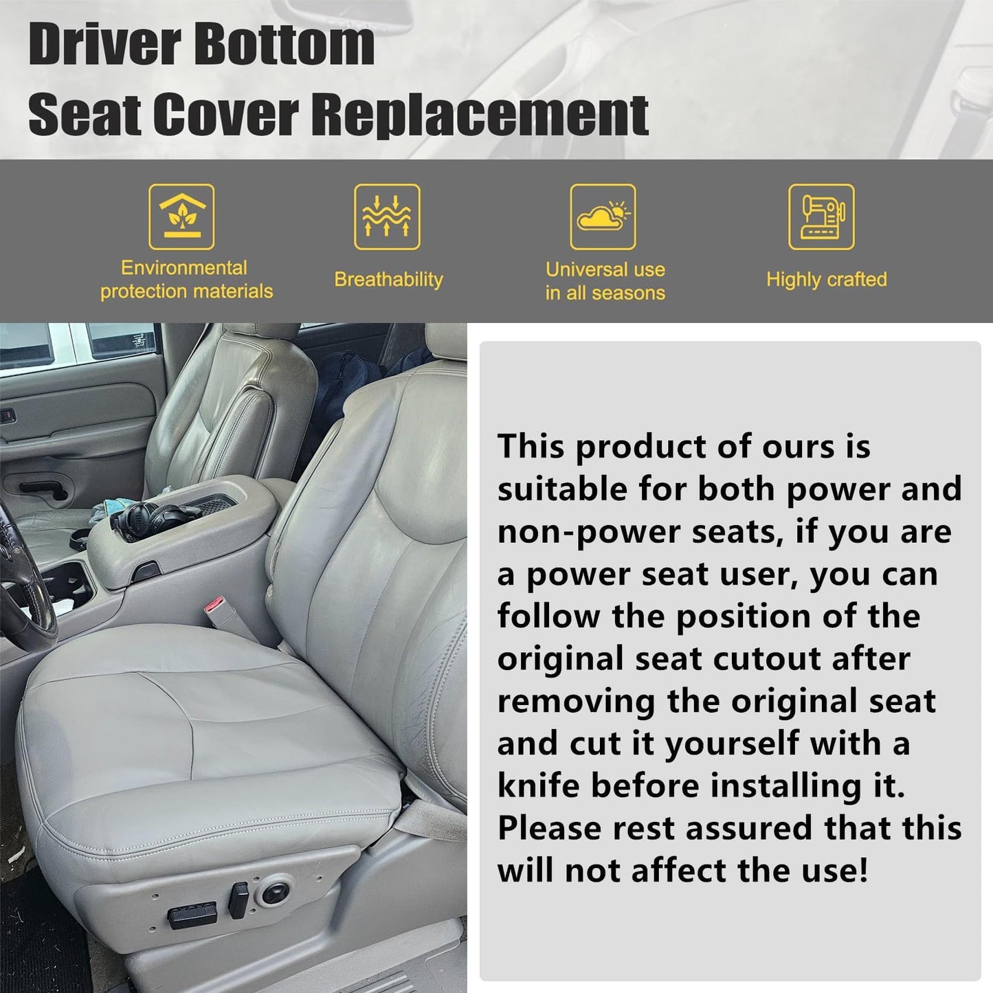 Priprilod # 922 Gray Leather Driver and Passenger Bottom and Top Lean Back and Armrests and Foam Cushion Fit for Chevy Silverado Tahoe Suburban Avalanche GMC Sierra Yukon XL 2003 2004 2005 2006
