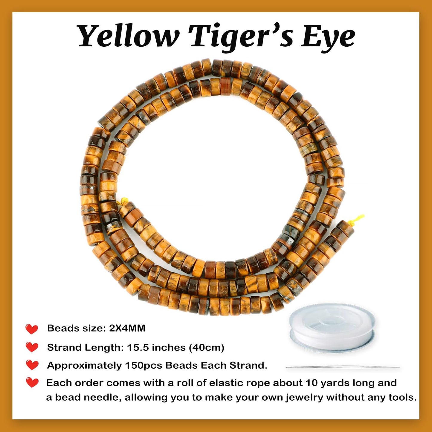 Natural Yellow Tiger's Eye Heishi Spacer Beads Loose Semi Precious Flat Round Gemstone Disc Shape Stone for Beading Jewelry Making 4x2mm 15.5"