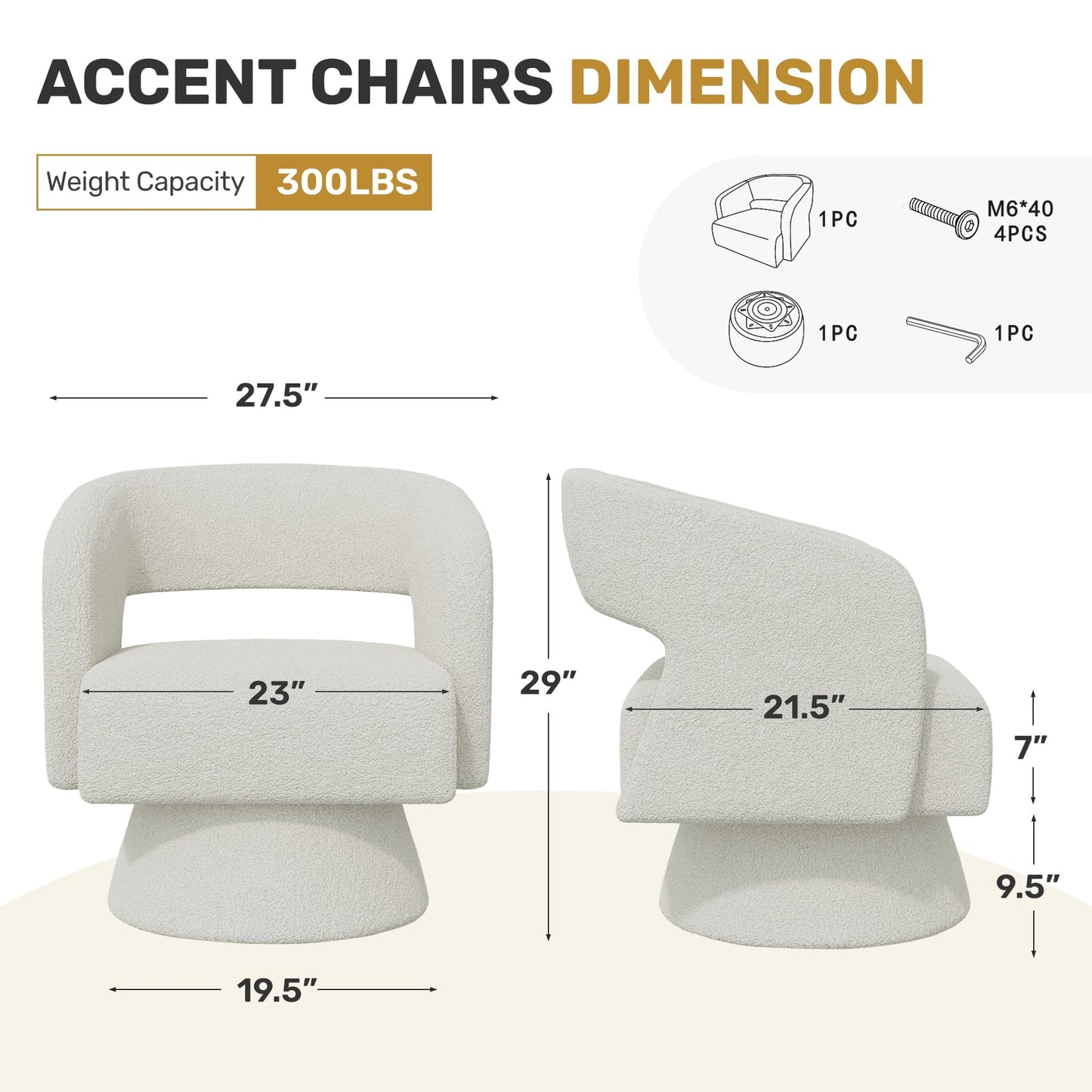 Nebuaegis Swivel Accent Chair Set of 2, Modern Comfy Teddy Barrel Chairs, Oversized Upholstered Round Arm Chair for Living Room, Bedroom, Reading Room, White