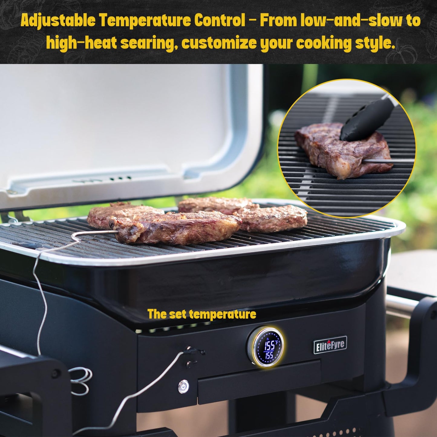 EliteFyre Volteq Smart Electric Grill with Cart - 1500W, 650°F, No Smoke Indoor/Outdoor BBQ, Digital Control & Meat Probe, Perfect for Apartment Balcony, Patio, Deck