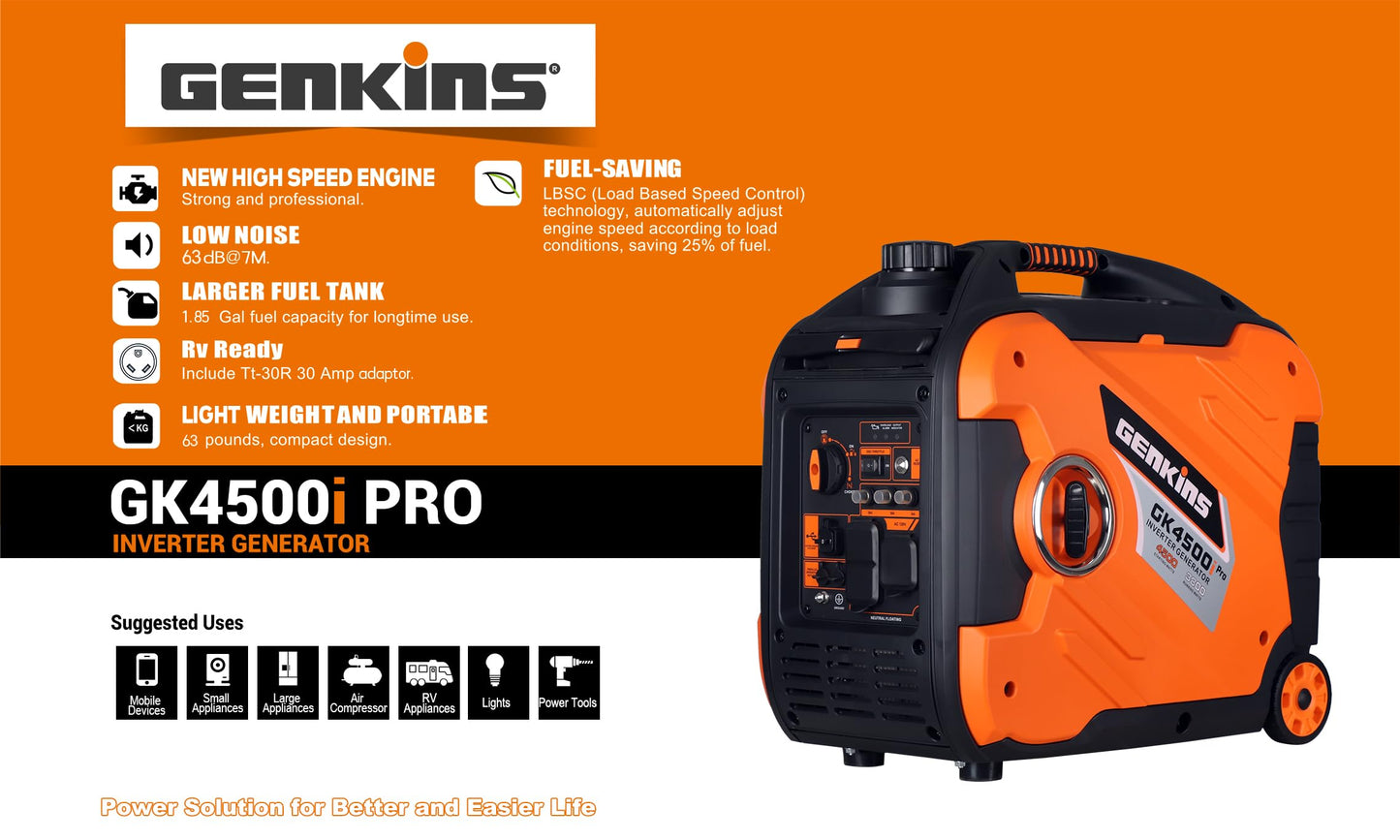 Genkins 4500 Watt Portable Inverter Generator Pure Sine Wave Technology Reduced Size & Weight Manual Start | 2024 Model