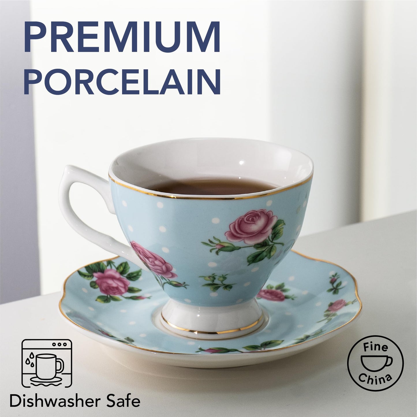 BTaT- Floral Tea Cups and Saucers, Set of 12, 8 oz, Fine Porcelain Teacup Set with Gold Trim for Afternoon Tea, Weddings, Parties & Gifting, Dishwasher Safe, Lightweight, Non-Toxic, Mothers Day Gift
