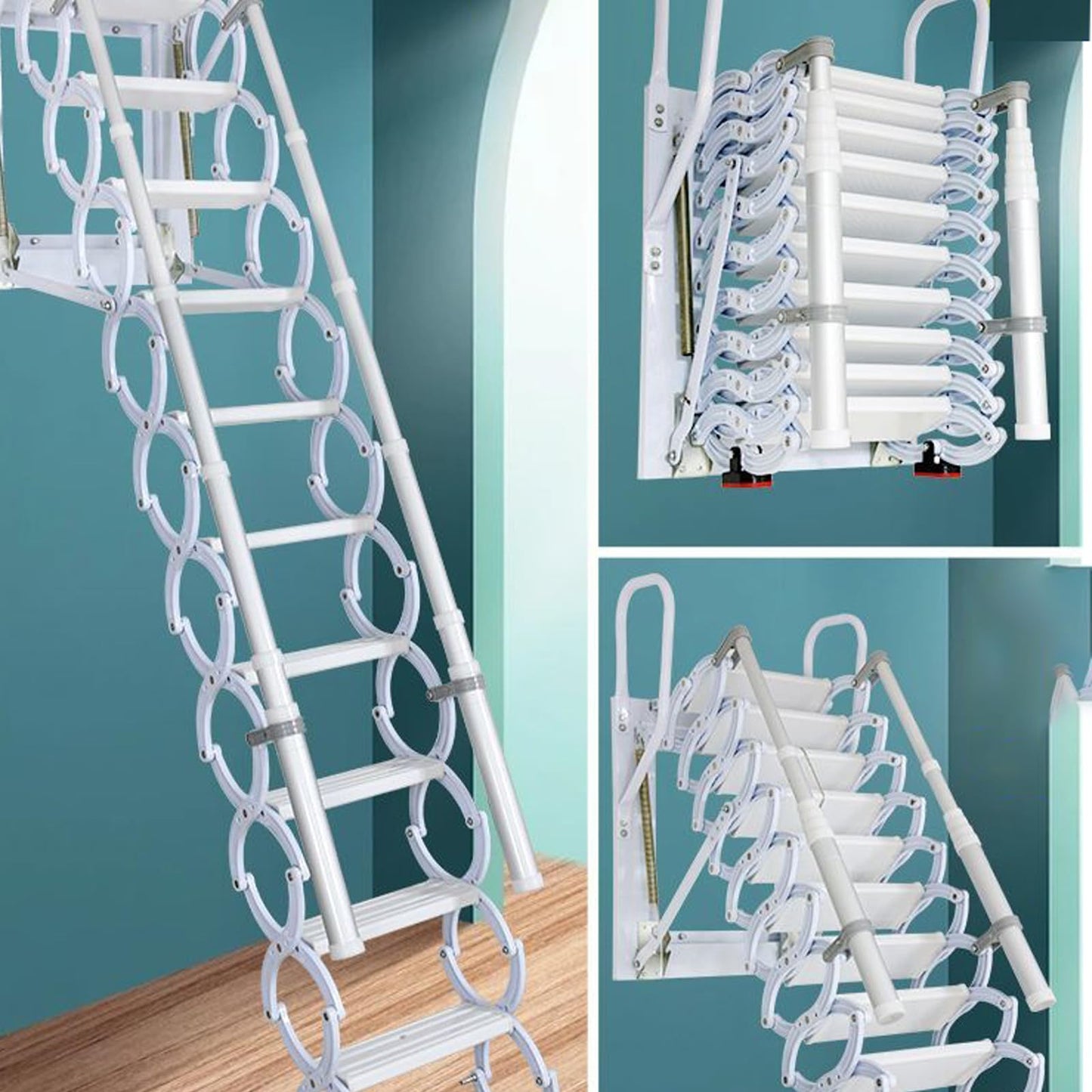 Wall-Mounted Folding Stairs for Attic, Outdoor Attic Ladder Pull Down System, Retractable Loft Ladder with Armrests Handle, 12 Pedal Steps Extension Staircase Up to 600lbs (White, 12 Steps)