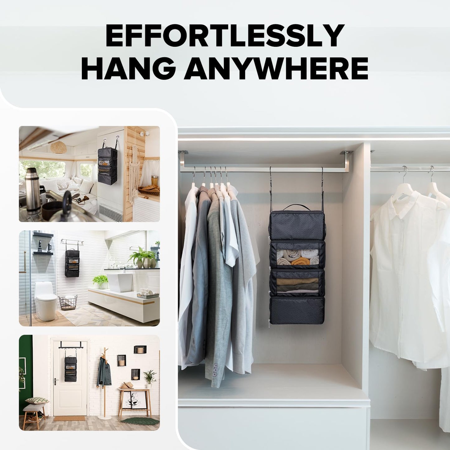 Suitcase Organizer, Travel Luggage Organizer Hanging Shelves Packing Cube Closet/Collapsible Portable Travel Organizer for Carry-on, Small, Black