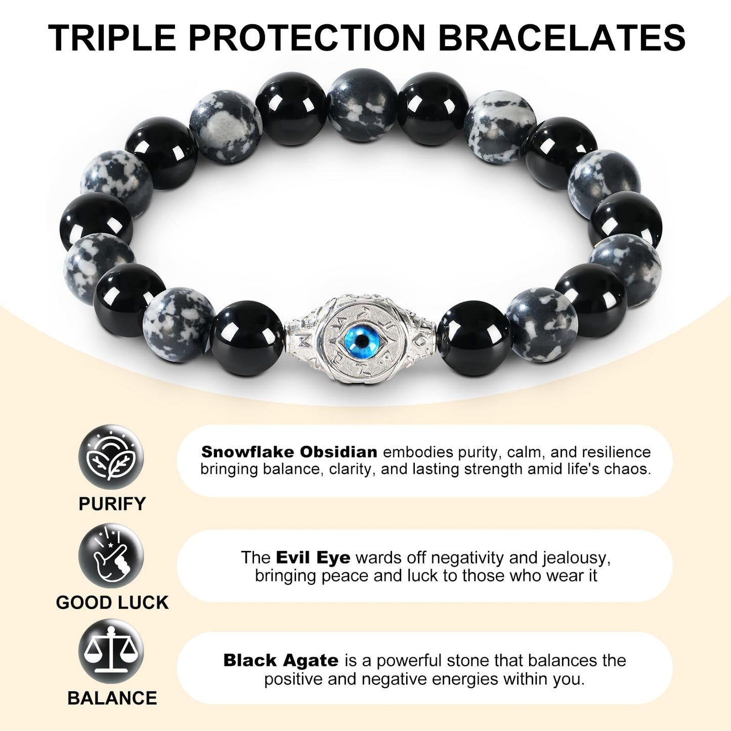 Men's Evil Eye Bracelet, 10mm Beaded Bracelet with Natural Gemstones, Adjustable Elastic Design, Gift for Anniversary, Christmas and Thanksgiving, Silver Obsidian/Tiger Eye/Hematite/Snowflake Obsidian/Black Agate